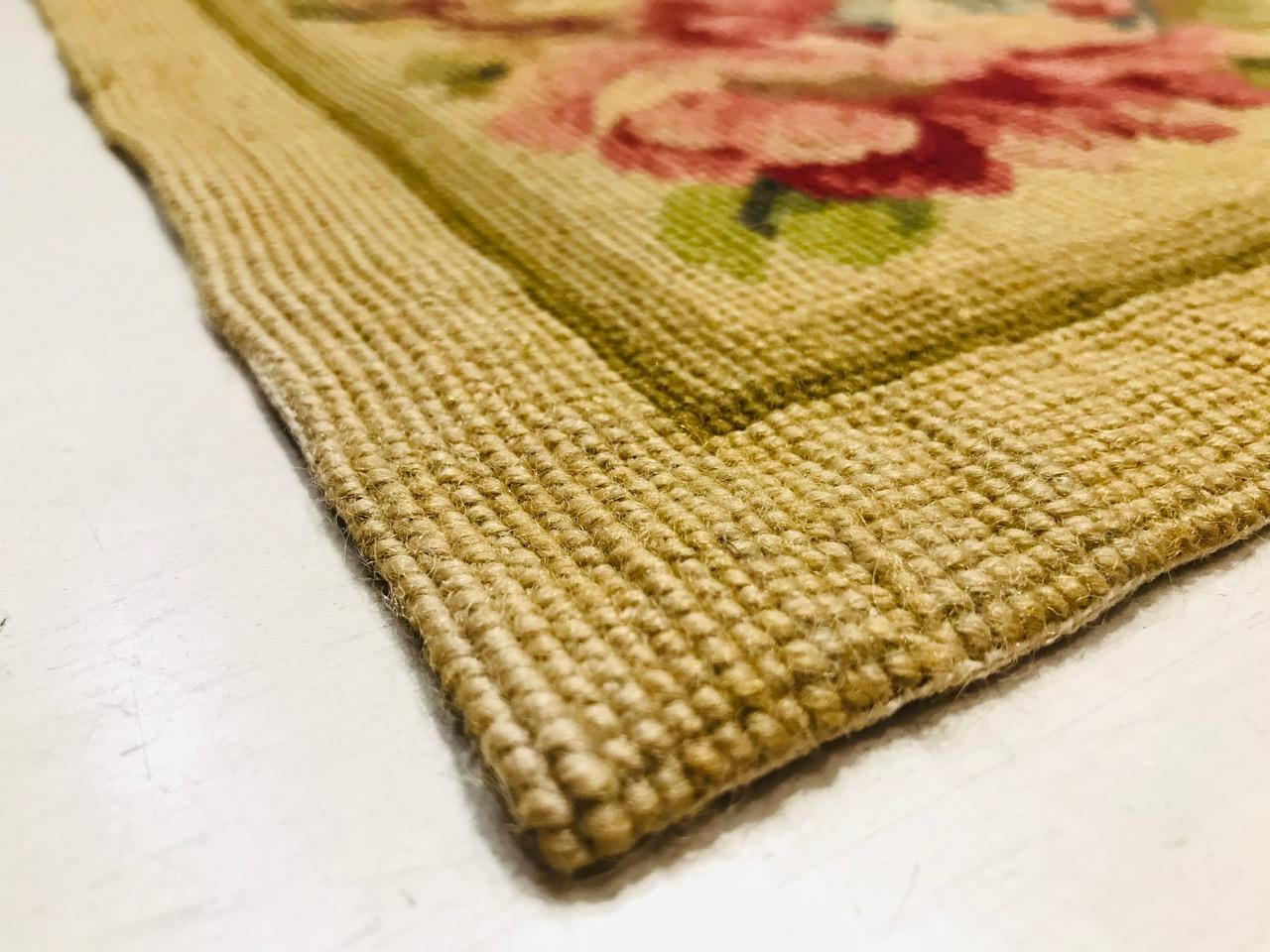 1970 Olive Green and Beige Petit Point Rug Hand Knotted in Wool with Flowers For Sale 5