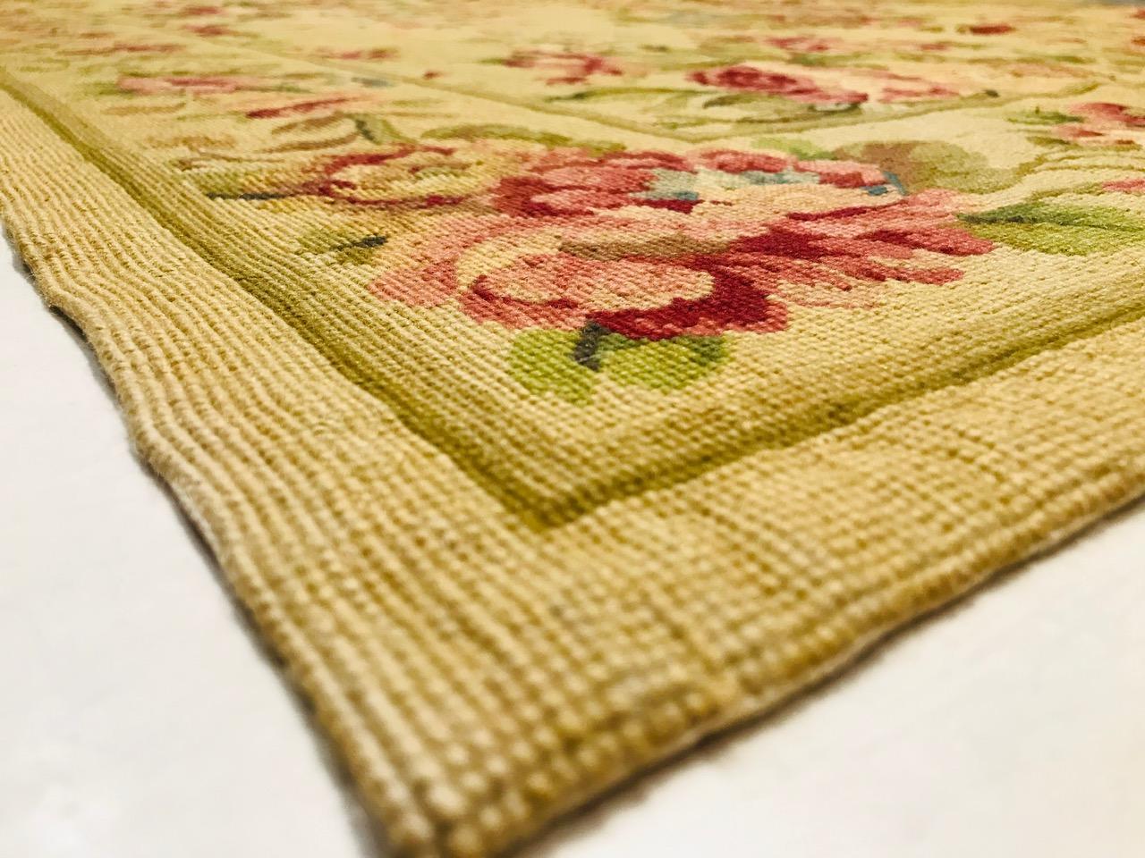 1970 Olive Green and Beige Petit Point Rug Hand Knotted in Wool with Flowers For Sale 6