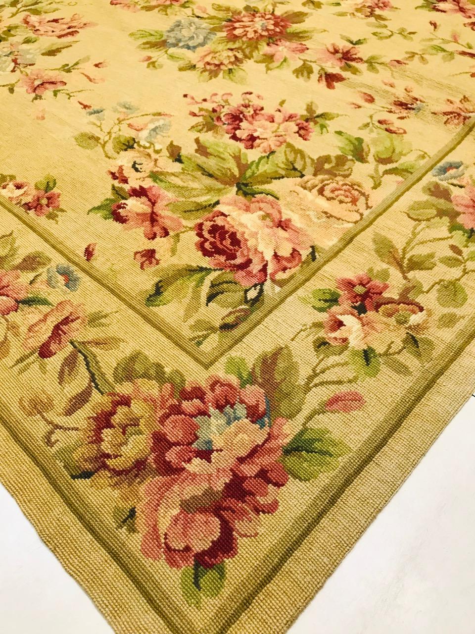 1970 Olive Green and Beige Petit Point Rug Hand Knotted in Wool with Flowers For Sale 7