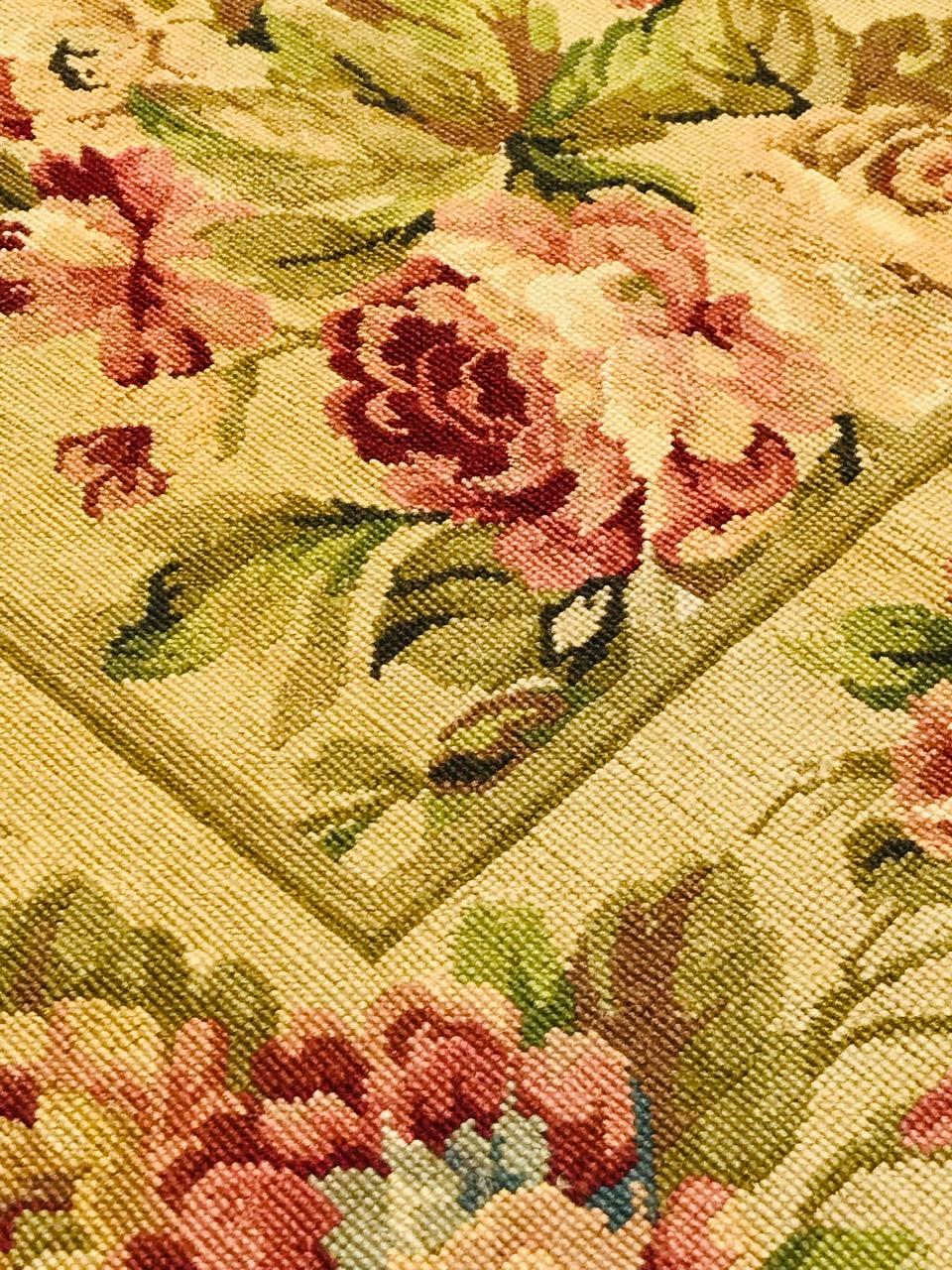 1970 Olive Green and Beige Petit Point Rug Hand Knotted in Wool with Flowers For Sale 8