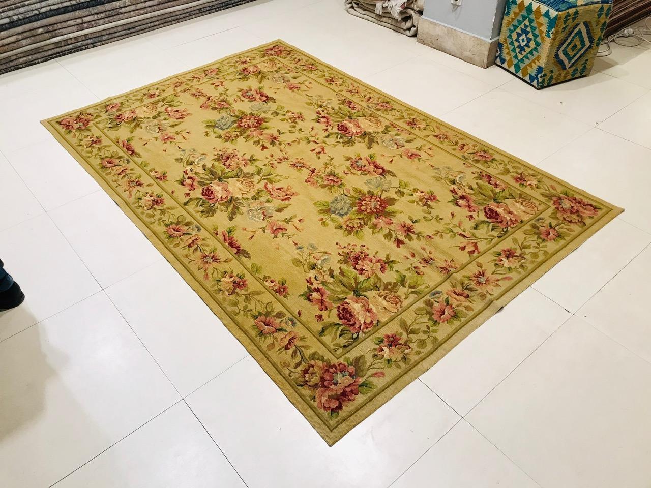 Other 1970 Olive Green and Beige Petit Point Rug Hand Knotted in Wool with Flowers For Sale