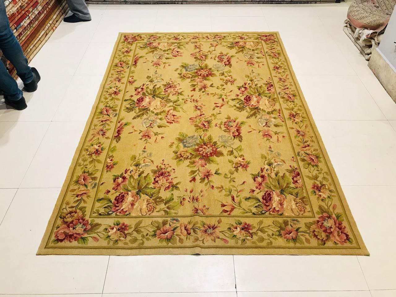 Chinese 1970 Olive Green and Beige Petit Point Rug Hand Knotted in Wool with Flowers For Sale