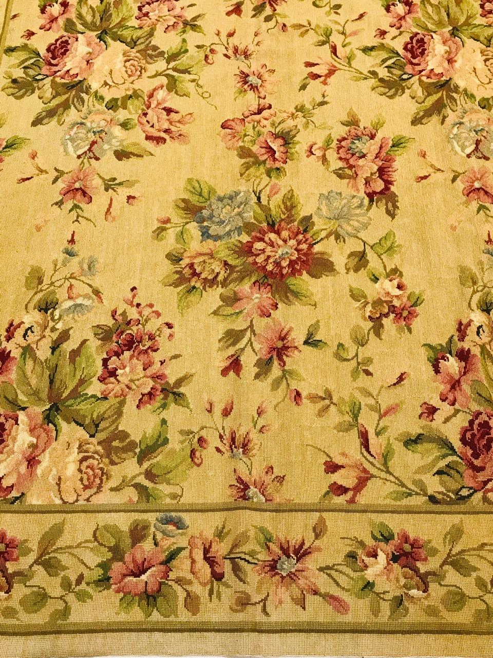 Hand-Knotted 1970 Olive Green and Beige Petit Point Rug Hand Knotted in Wool with Flowers For Sale