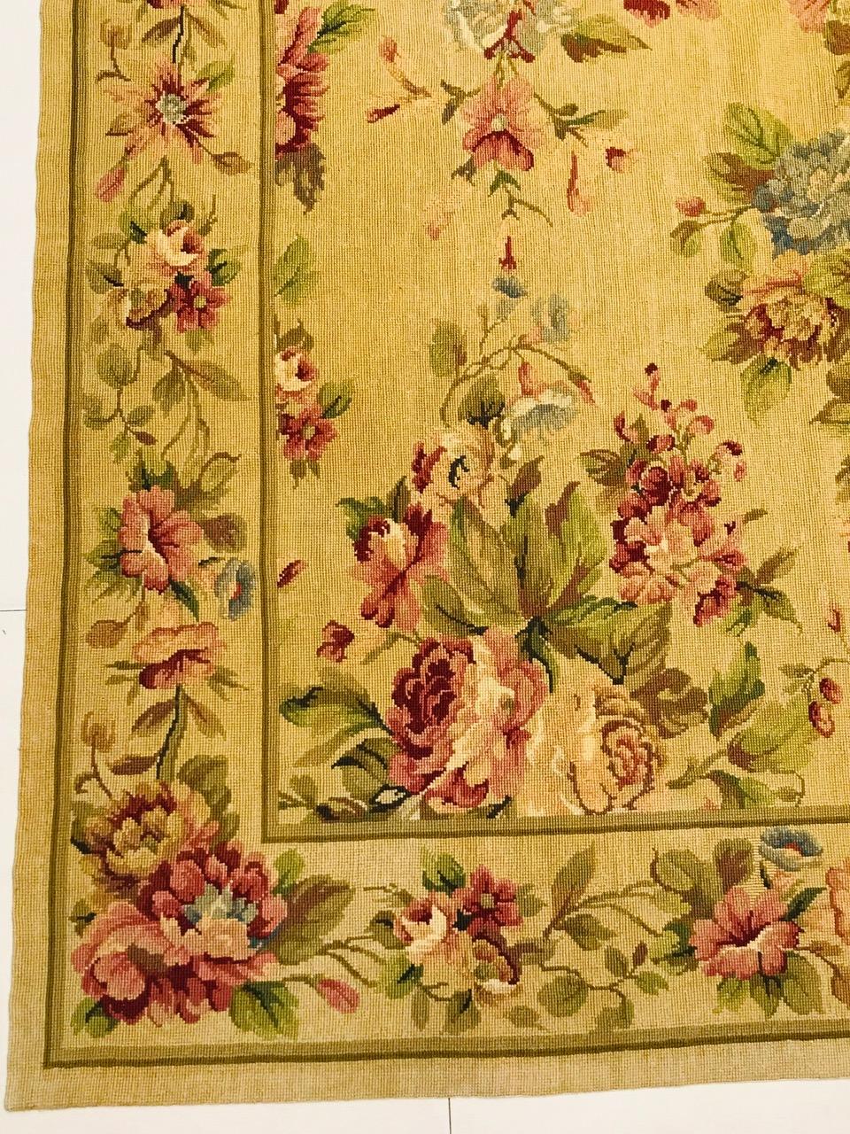 1970 Olive Green and Beige Petit Point Rug Hand Knotted in Wool with Flowers For Sale 2