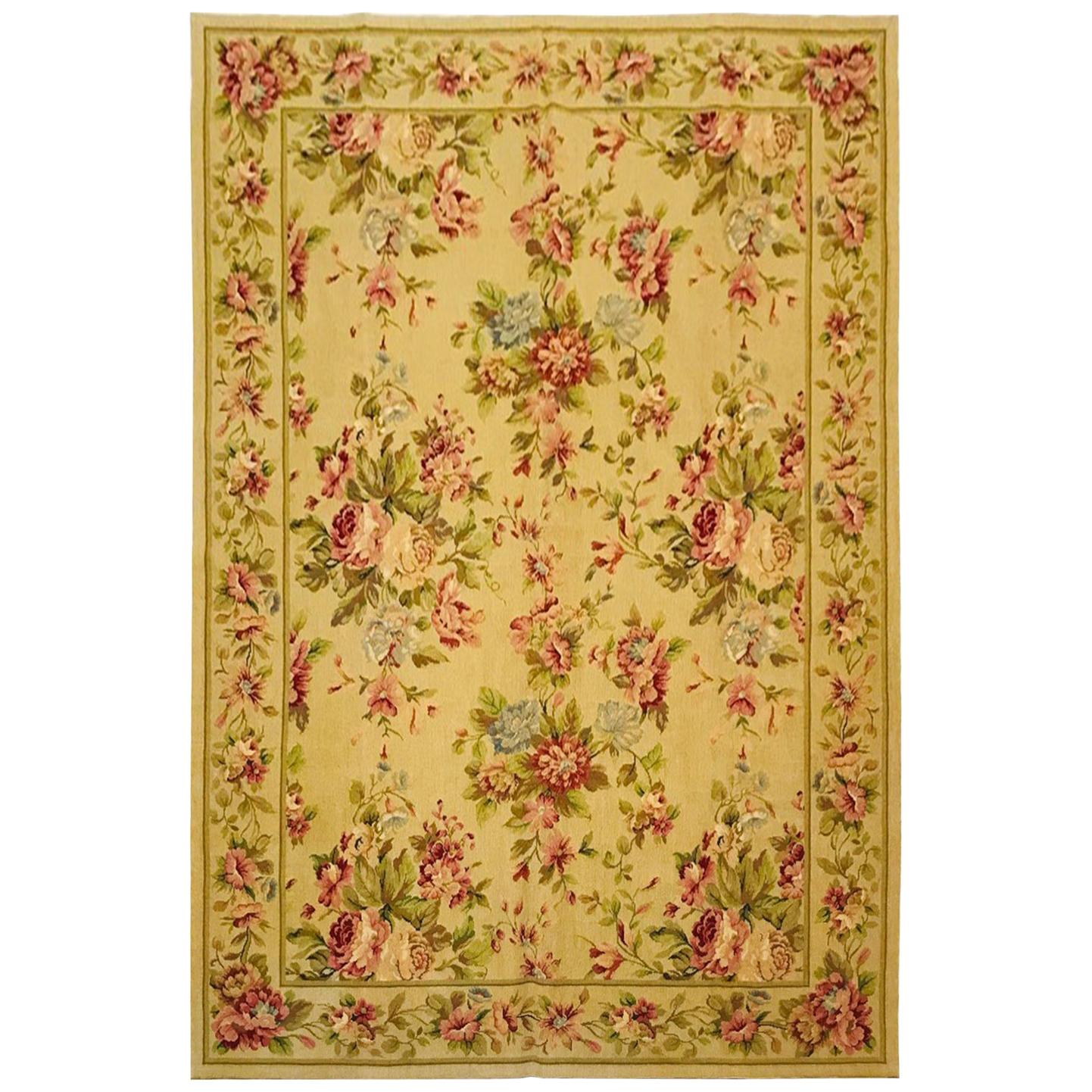 1970 Olive Green and Beige Petit Point Rug Hand Knotted in Wool with Flowers For Sale