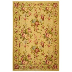 1970 Olive Green and Beige Petit Point Rug Hand Knotted in Wool with Flowers