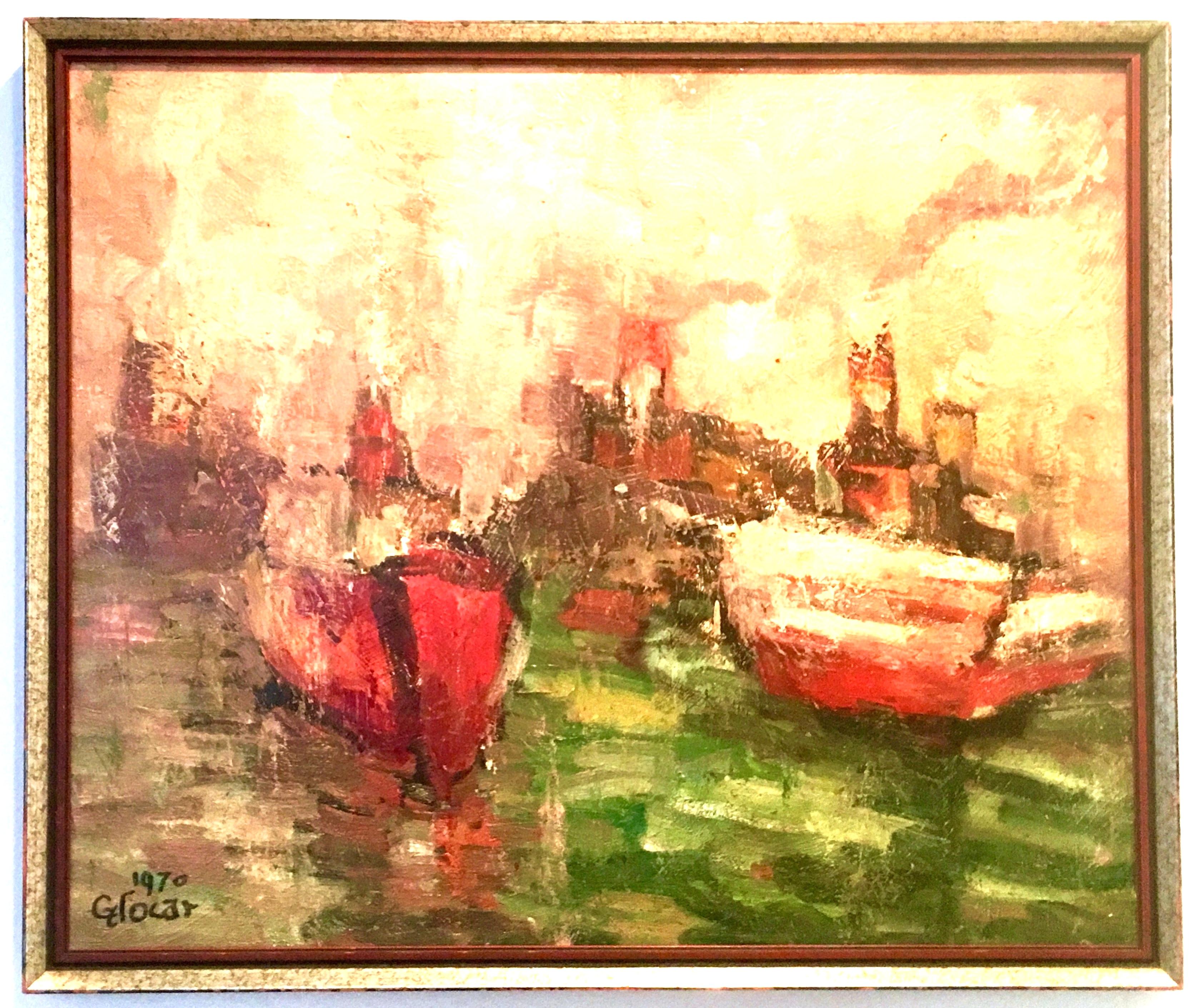 1970 original oil on canvas board abstract painting by, Emilian Glocar. This impasto palette knife technique abstract painting depicts boats on water with cityscape in background scene. Executed in earthy, vibrant pastel color palette. Artist singed