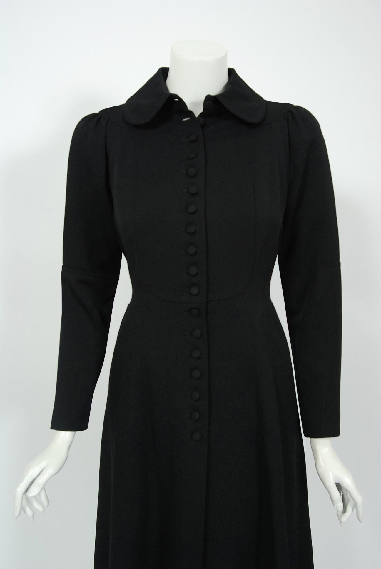 Vintage 1970 Ossie Clark Couture Black Cotton-Twill Princess Dress Coat Jacket In Good Condition In Beverly Hills, CA
