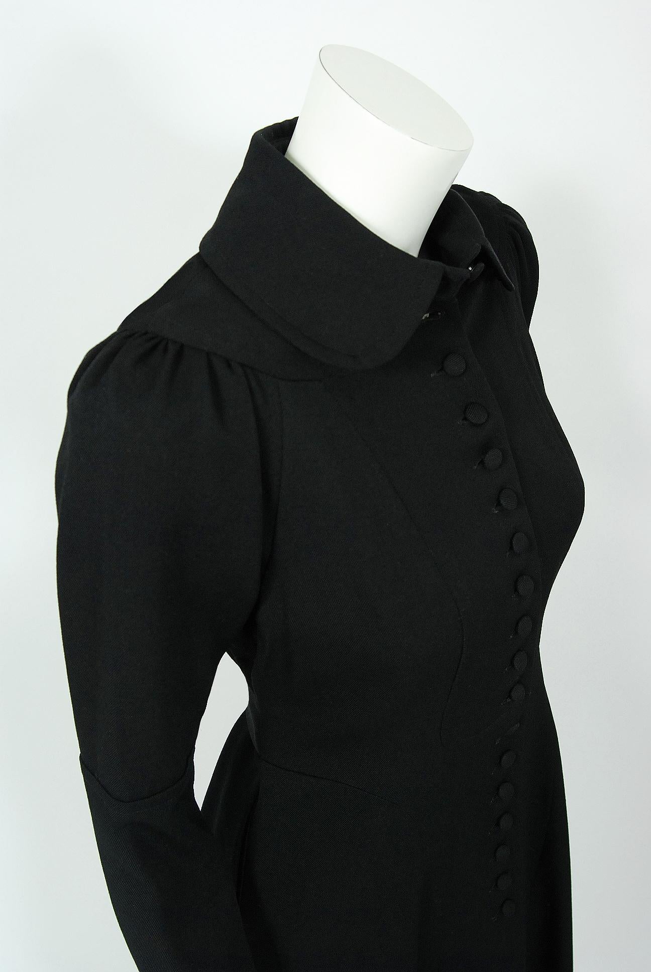 Women's Vintage 1970 Ossie Clark Couture Black Cotton-Twill Princess Dress Coat Jacket