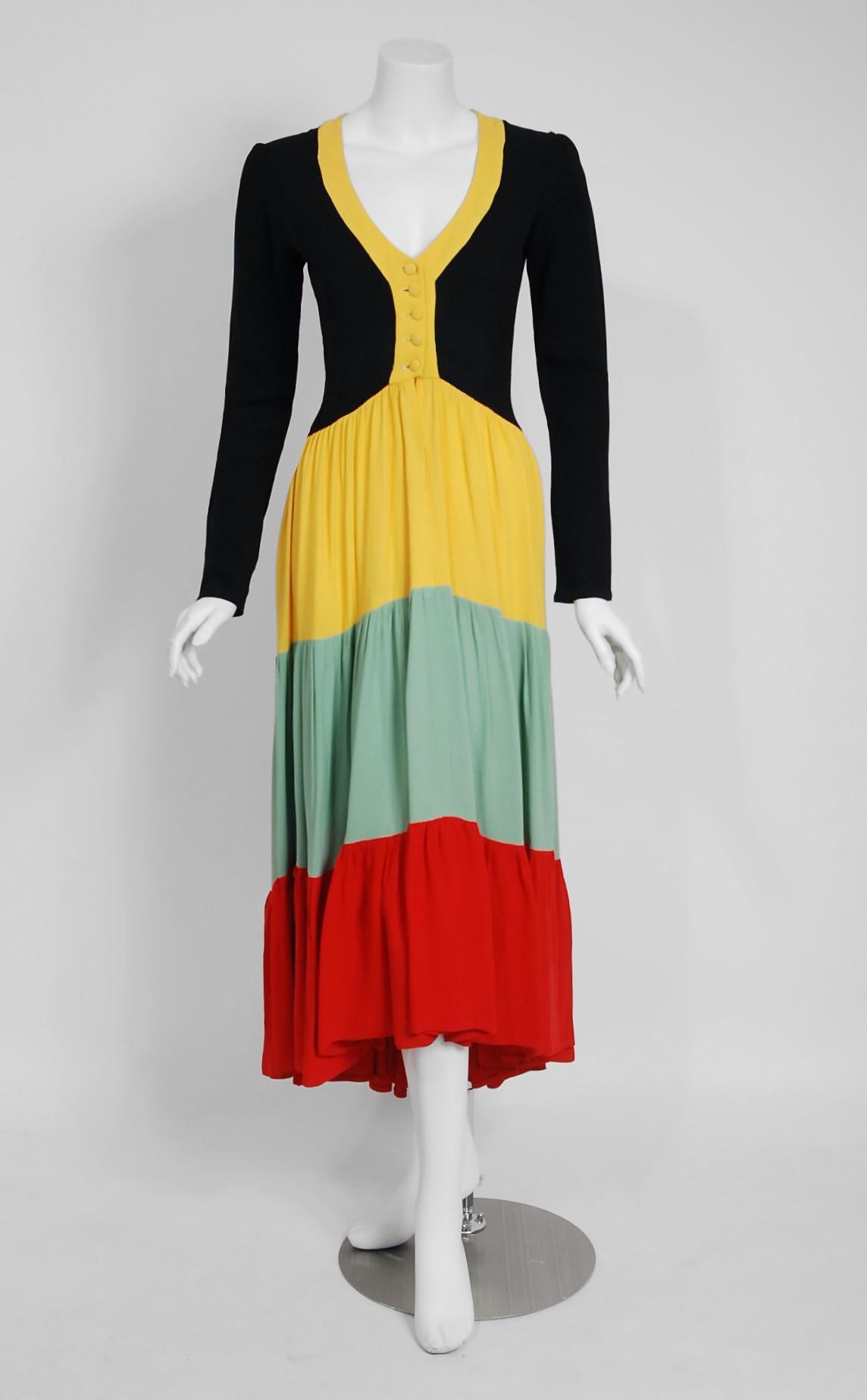 1970 Ossie Clark Couture Traffic Light Block-Color Tiered Crepe Plunge Dress 1