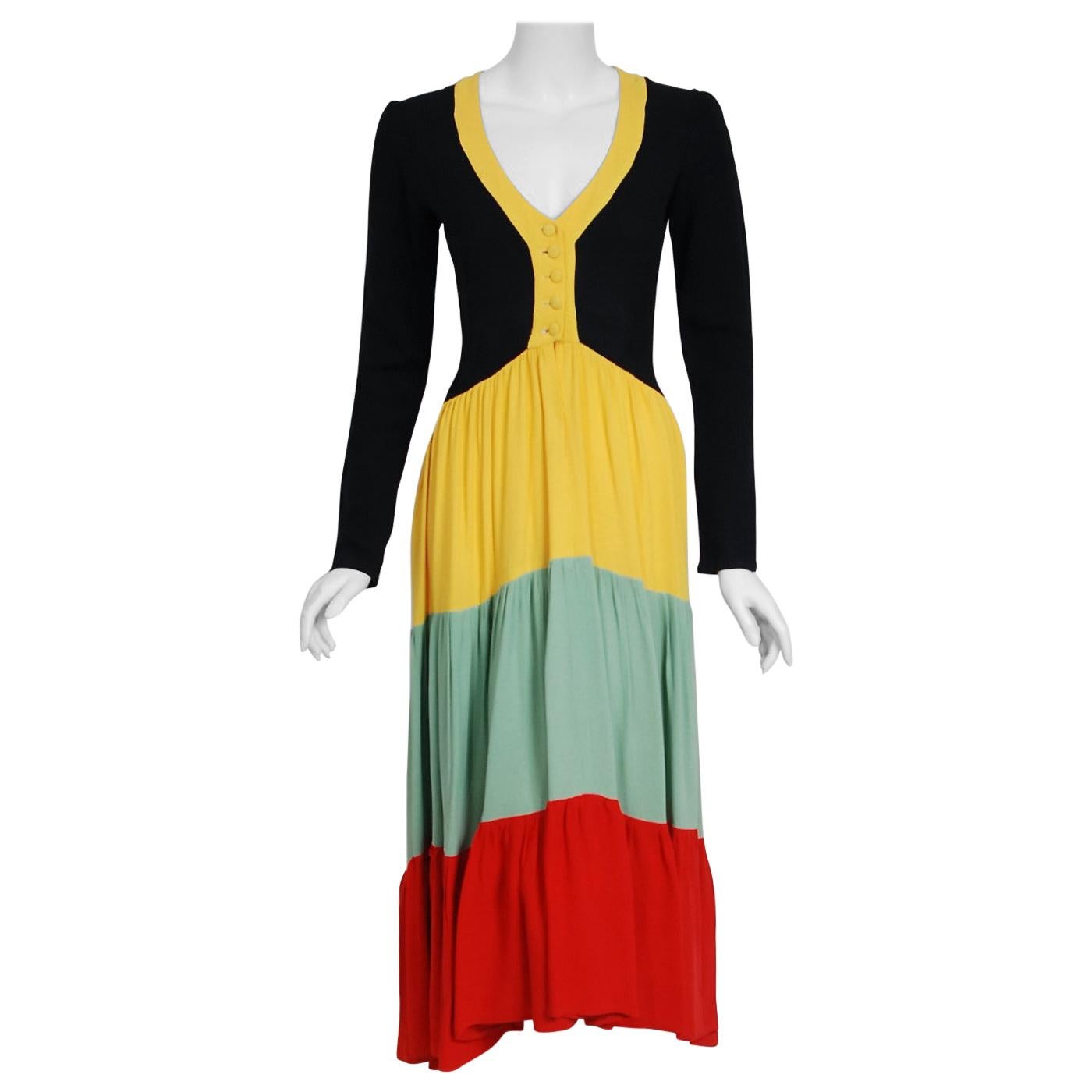 1970 Ossie Clark Couture Traffic Light Block-Color Tiered Crepe Plunge Dress