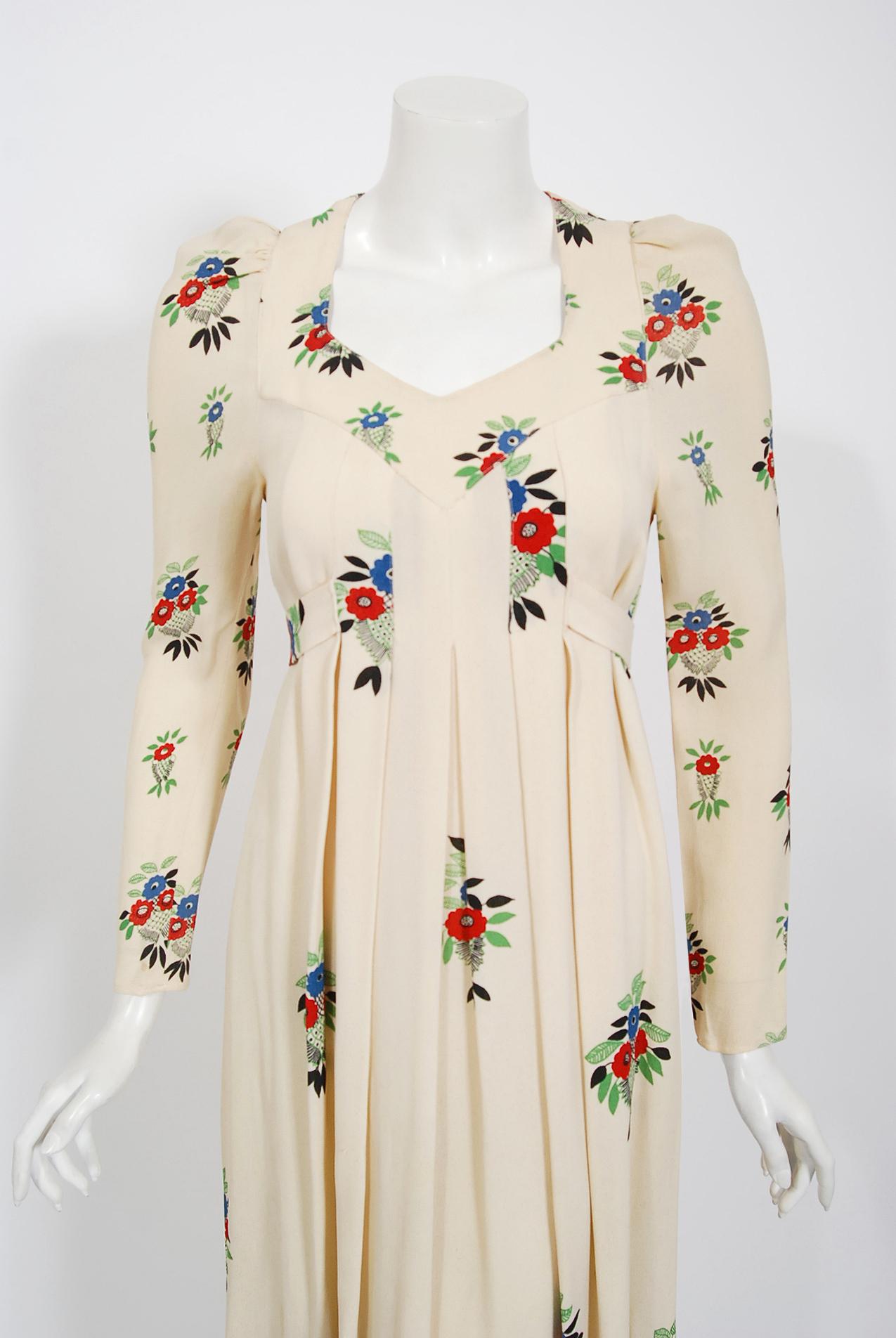 Extremely rare Ossie Clark for Radley designer moss crepe dress dating back to his 1970 collection. English fashion designer, Raymond Ossie Clark, was a leading light in the London swinging sixties fashion era and is now renowned for his romantic