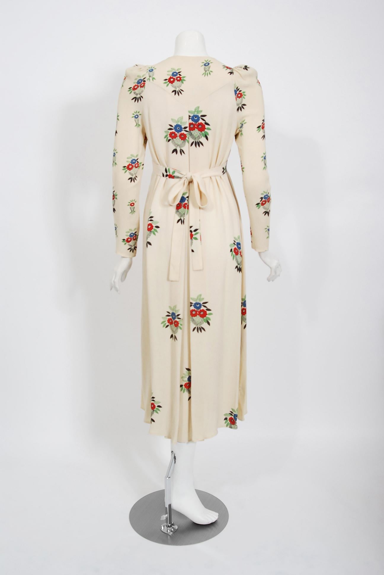 Beige Vintage 1970 Ossie Clark Ivory Moss-Crepe Celia Birtwell Floral Print Dress