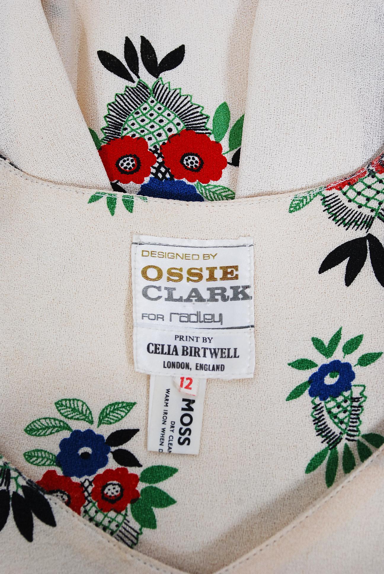 Women's Vintage 1970 Ossie Clark Ivory Moss-Crepe Celia Birtwell Floral Print Dress