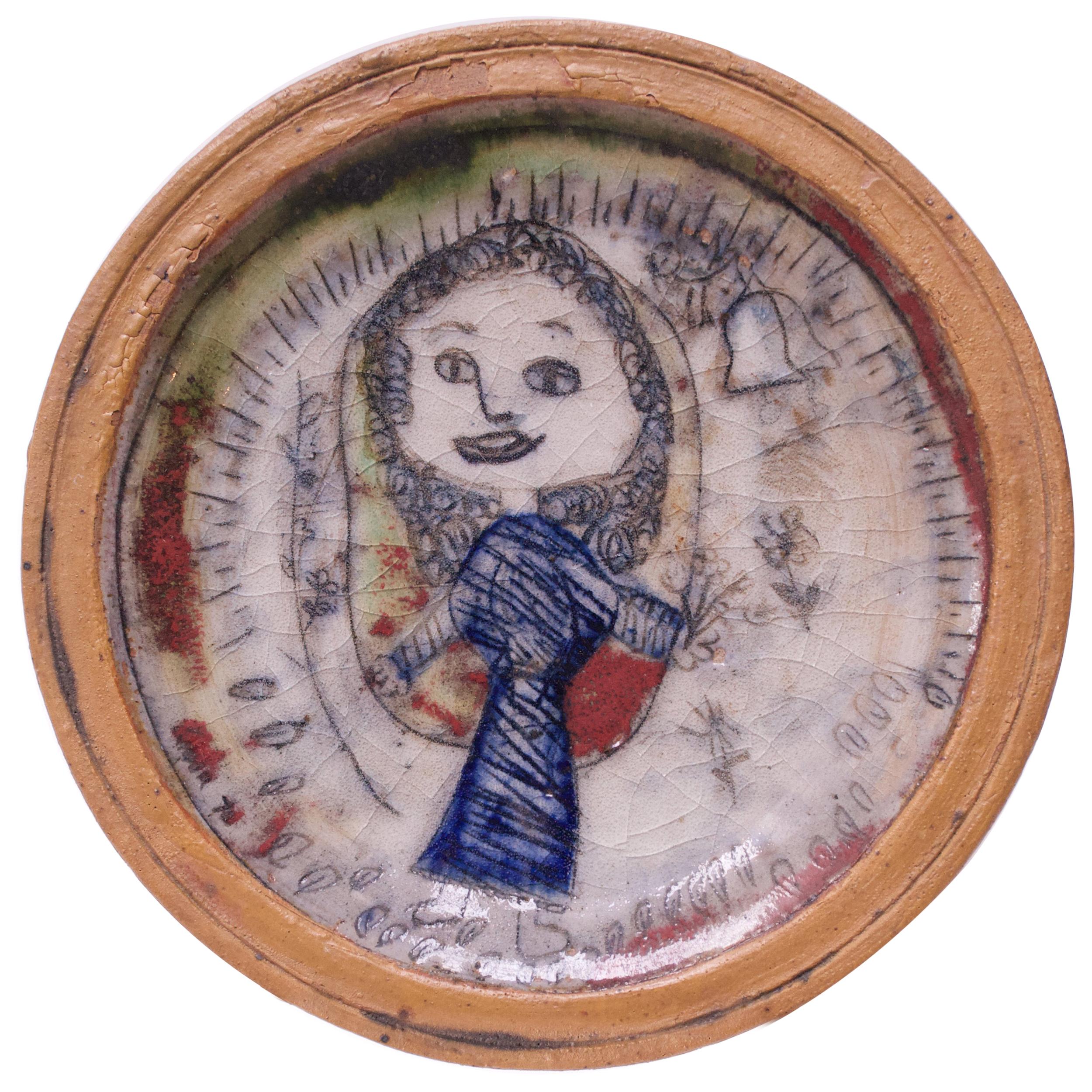 1970 Outsider Art Figural Stoneware Decorative Plate For Sale