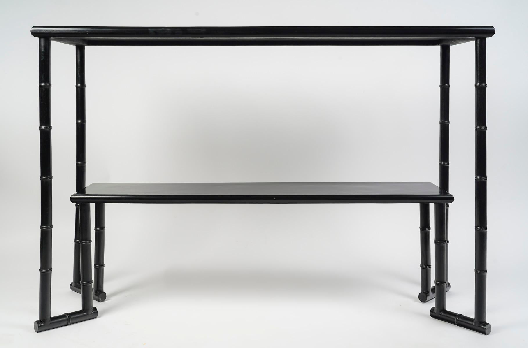French 1970 Pair of black lacquer consoles by Jacques Grange
