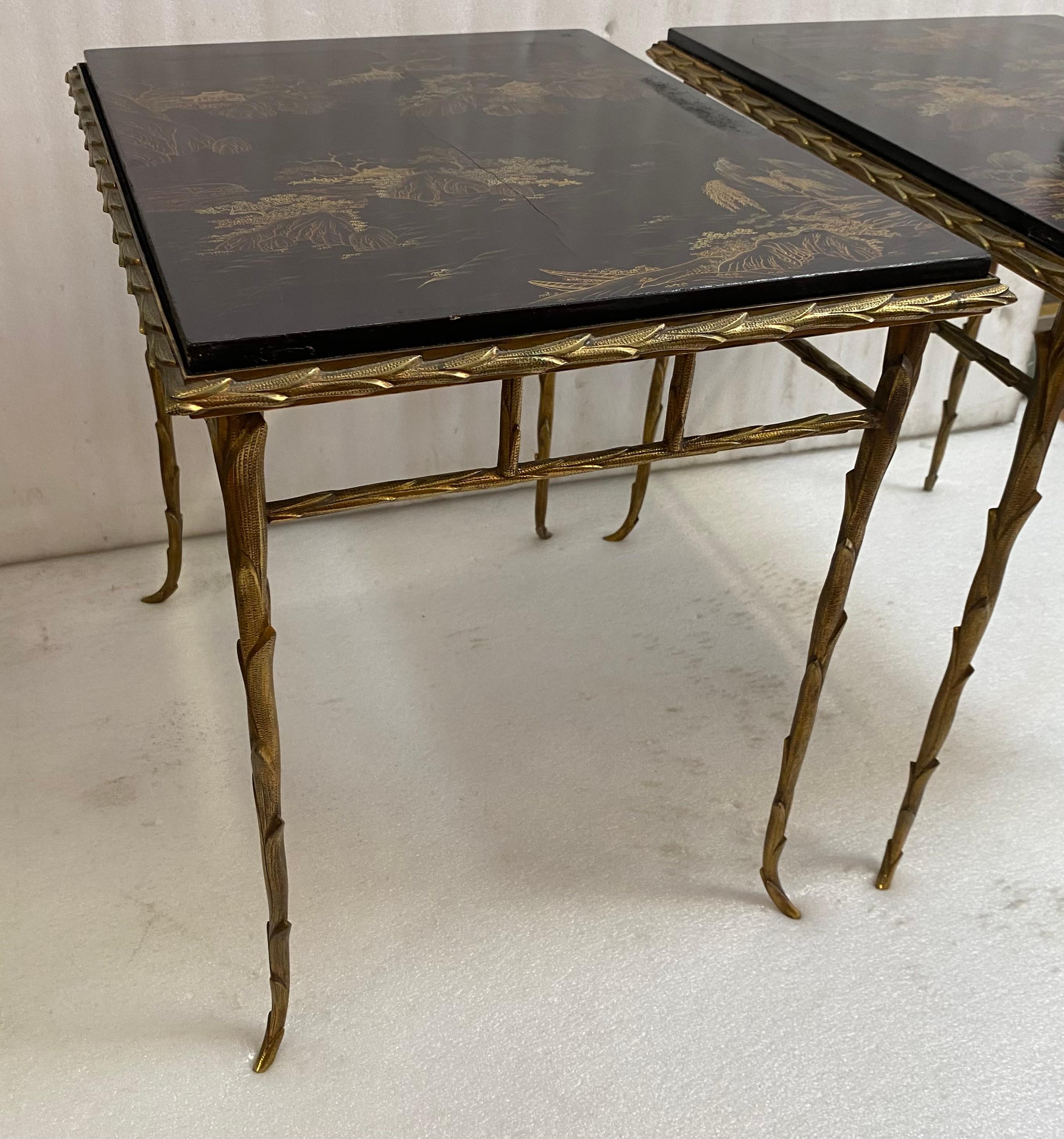1970′ Pair of Bronze End Tables, Maison Charles , Double-Sided Chinese Lacquer For Sale 4