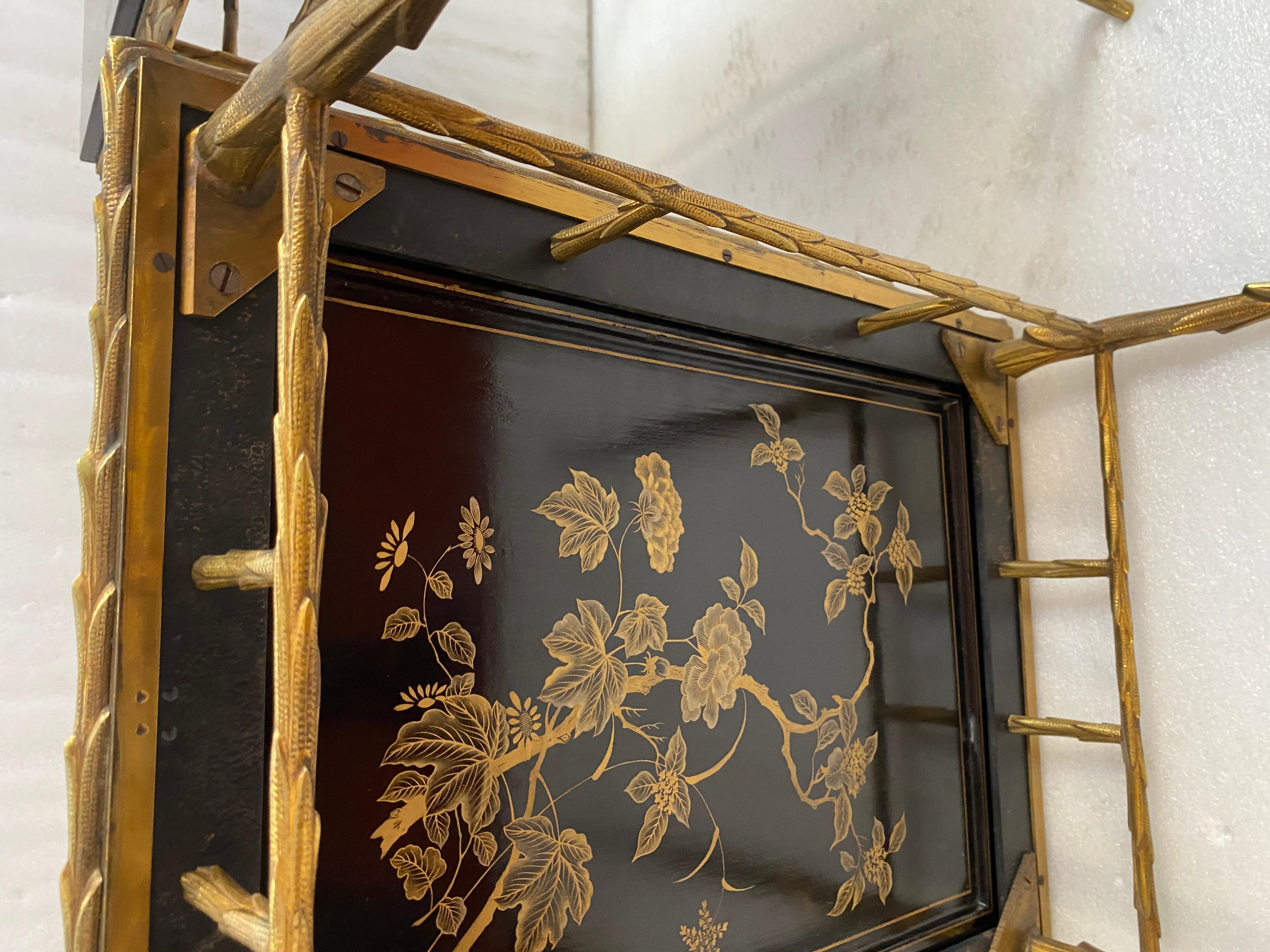 1970′ Pair of Bronze End Tables, Maison Charles , Double-Sided Chinese Lacquer For Sale 7