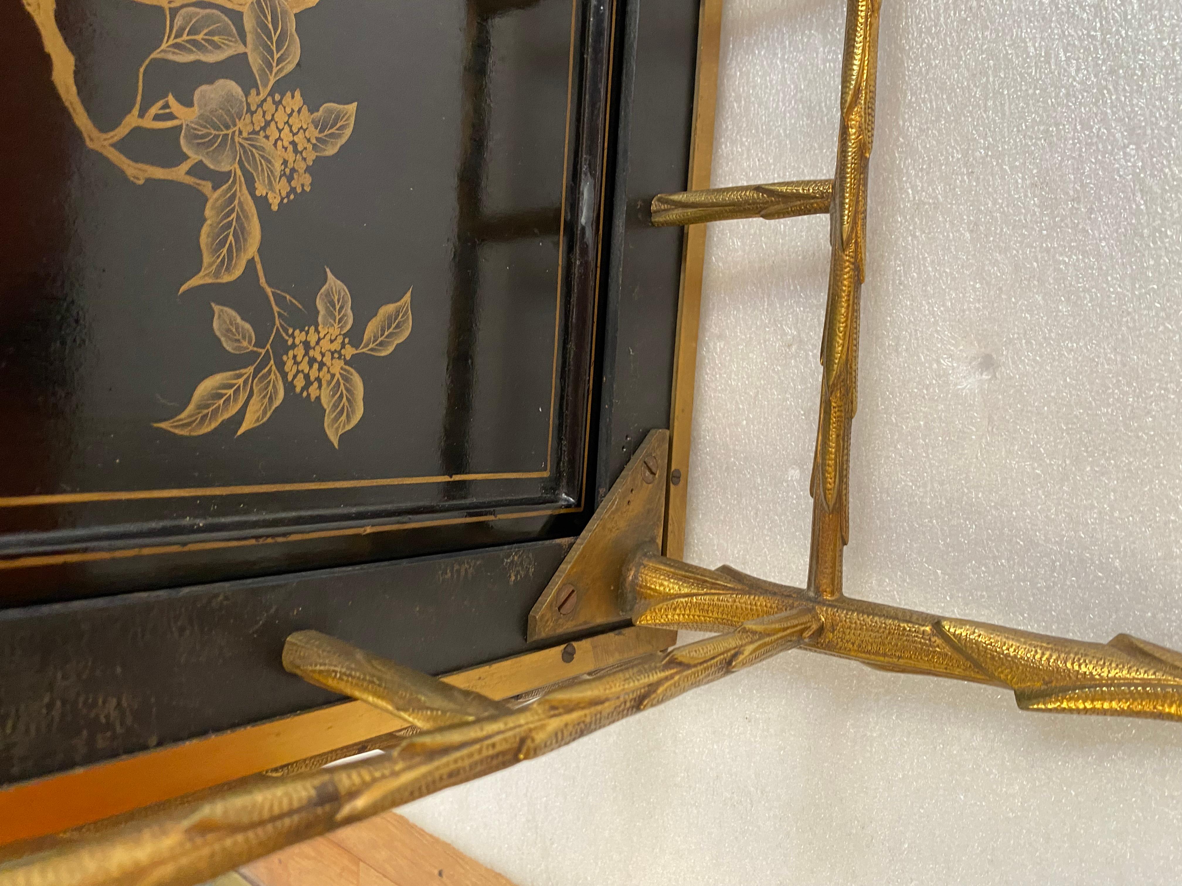 1970′ Pair of Bronze End Tables, Maison Charles , Double-Sided Chinese Lacquer For Sale 9