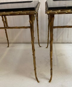 1970′ Pair of Bronze End Tables, Maison Charles , Double-Sided Chinese Lacquer