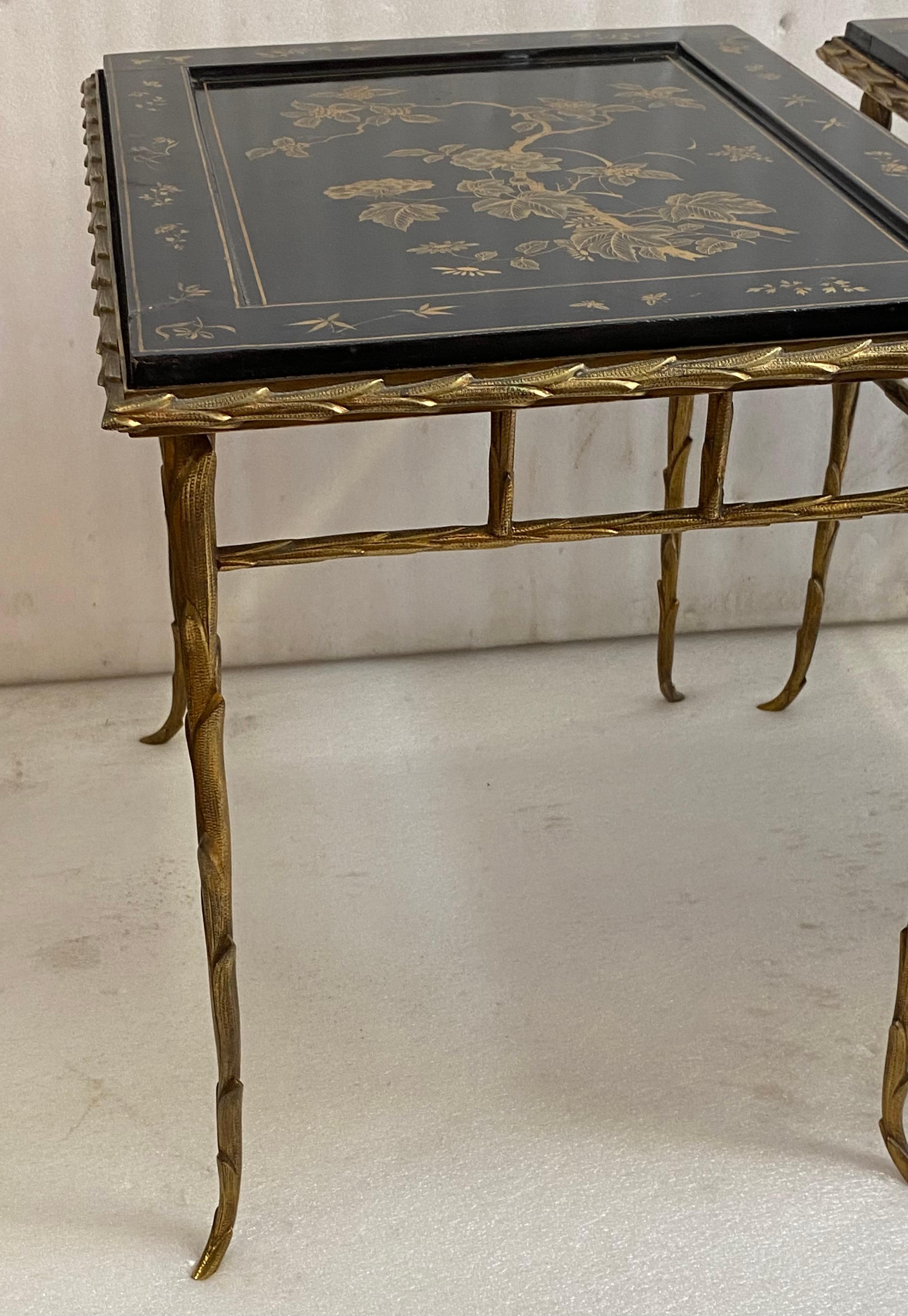 Art Deco 1970′ Pair of Bronze End Tables, Maison Charles , Double-Sided Chinese Lacquer For Sale