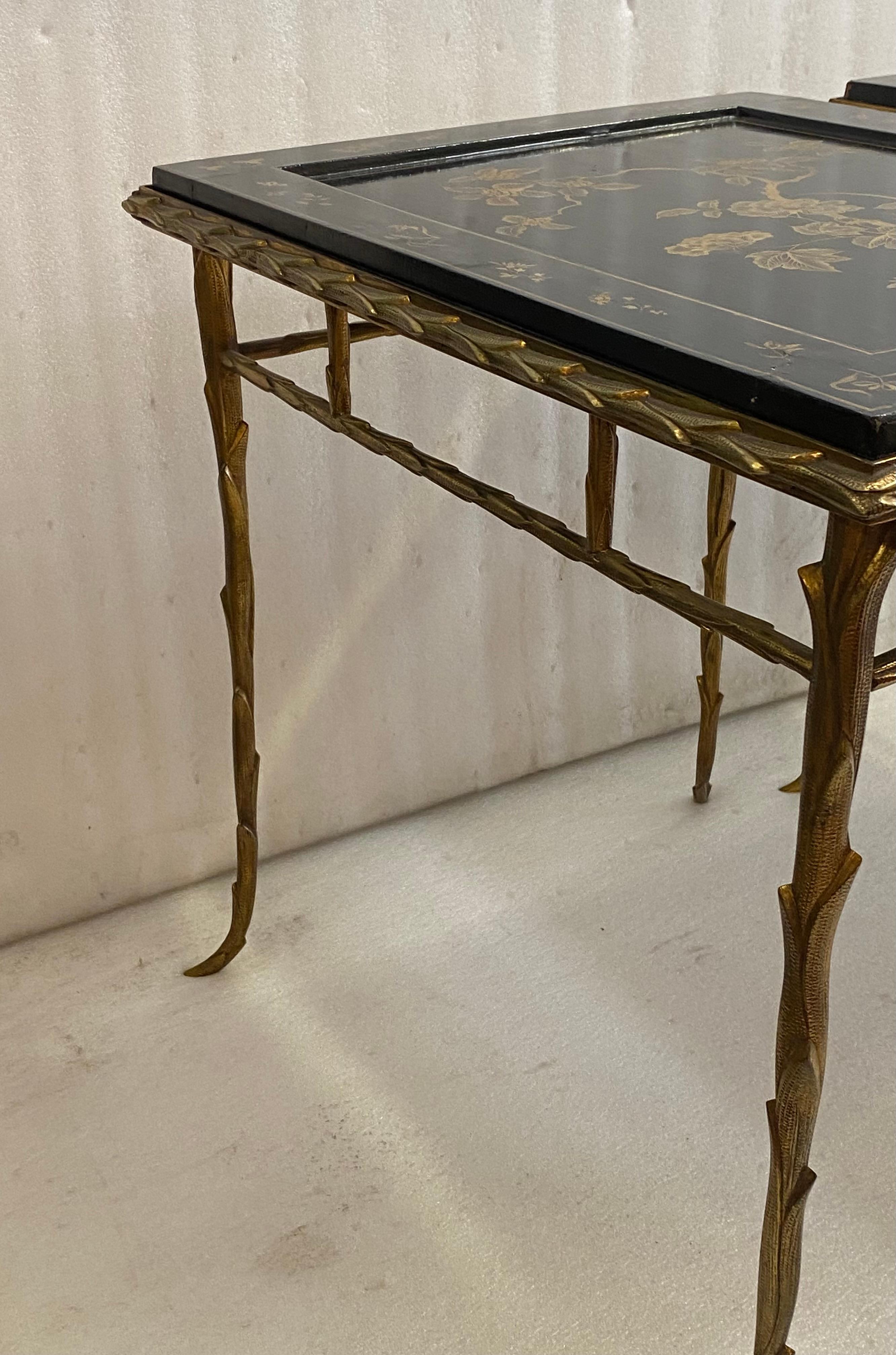 French 1970′ Pair of Bronze End Tables, Maison Charles , Double-Sided Chinese Lacquer For Sale