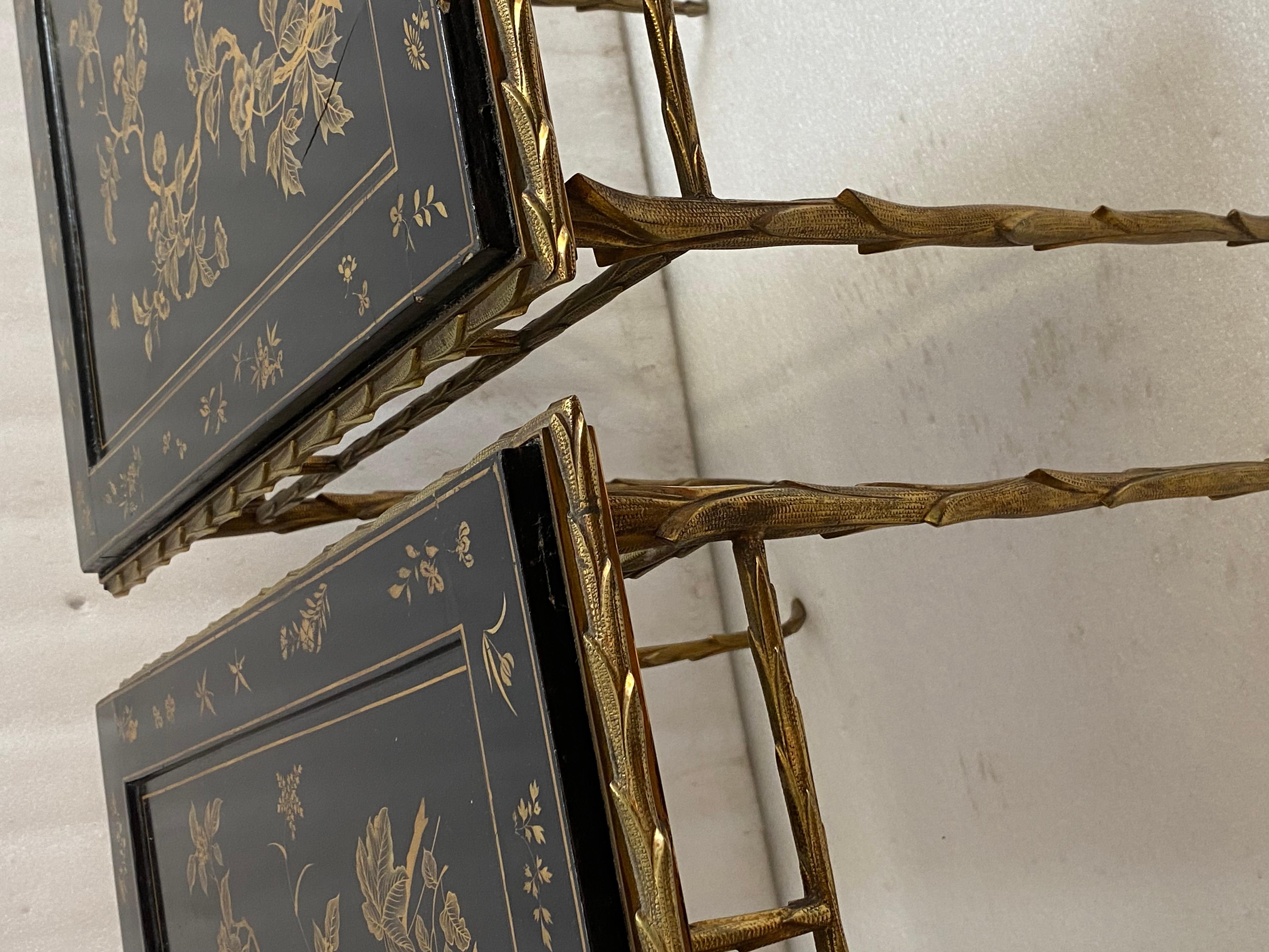 Lacquered 1970′ Pair of Bronze End Tables, Maison Charles , Double-Sided Chinese Lacquer For Sale