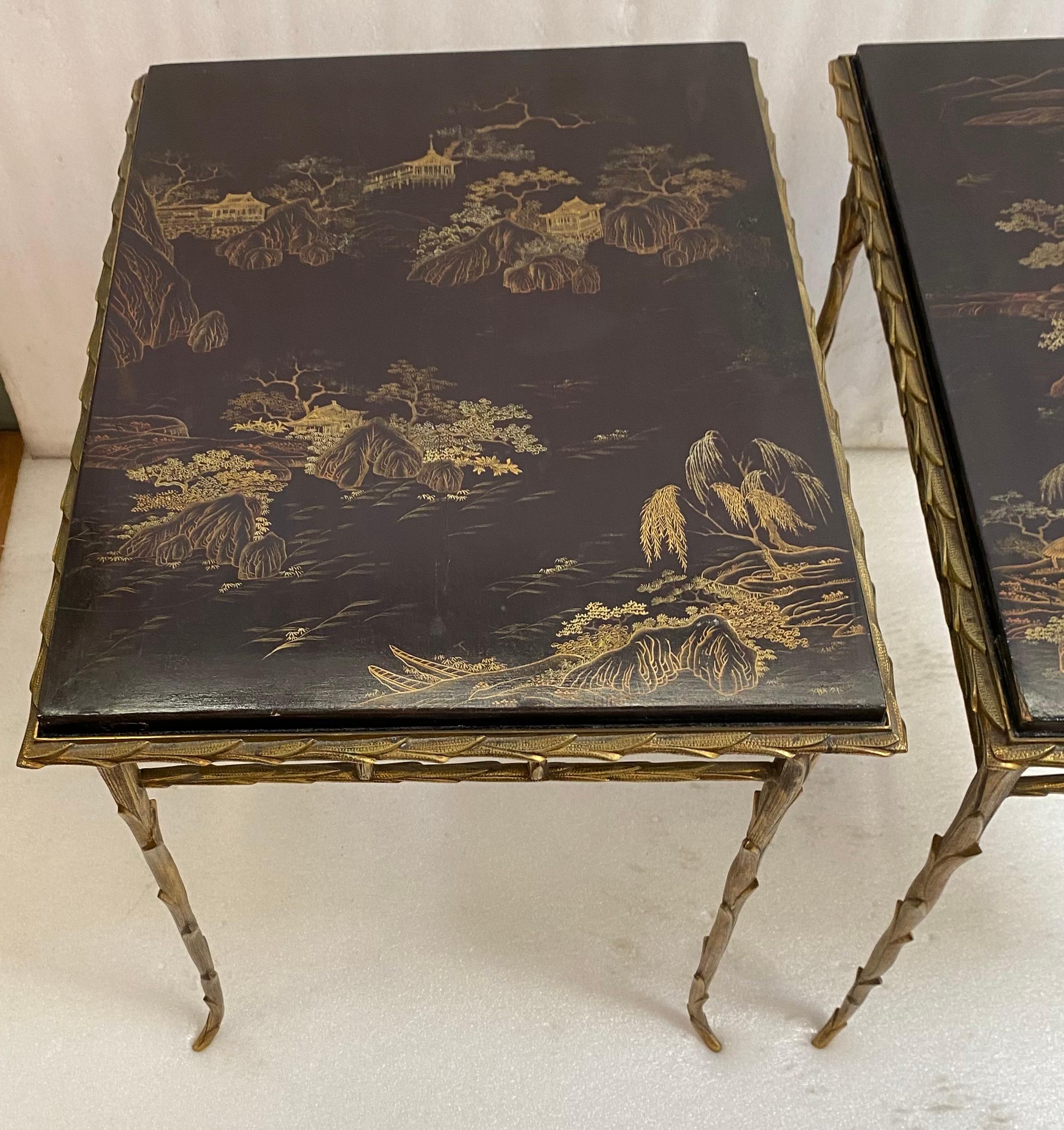Mid-20th Century 1970′ Pair of Bronze End Tables, Maison Charles , Double-Sided Chinese Lacquer For Sale
