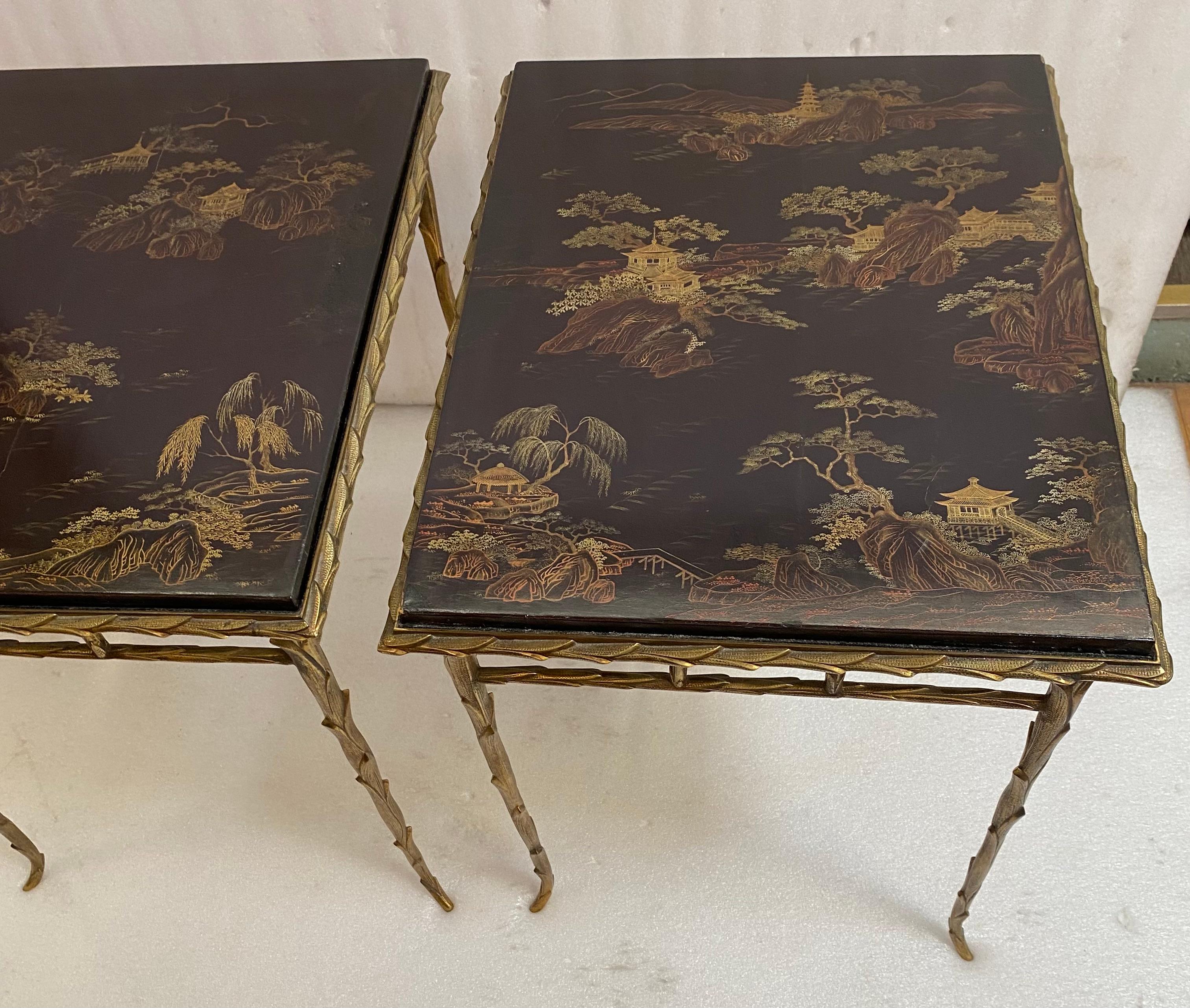1970′ Pair of Bronze End Tables, Maison Charles , Double-Sided Chinese Lacquer For Sale 1