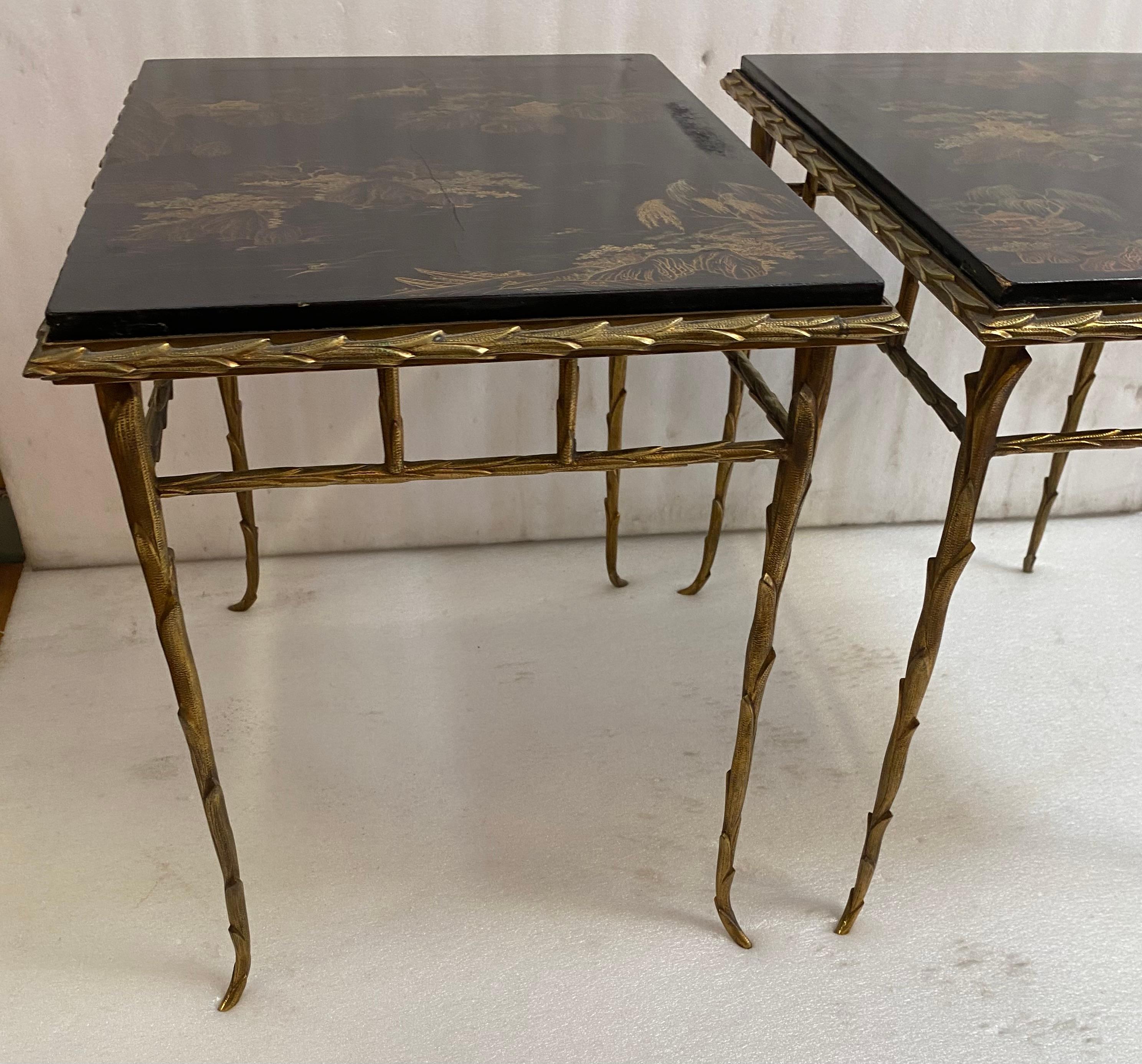 1970′ Pair of Bronze End Tables, Maison Charles , Double-Sided Chinese Lacquer For Sale 2