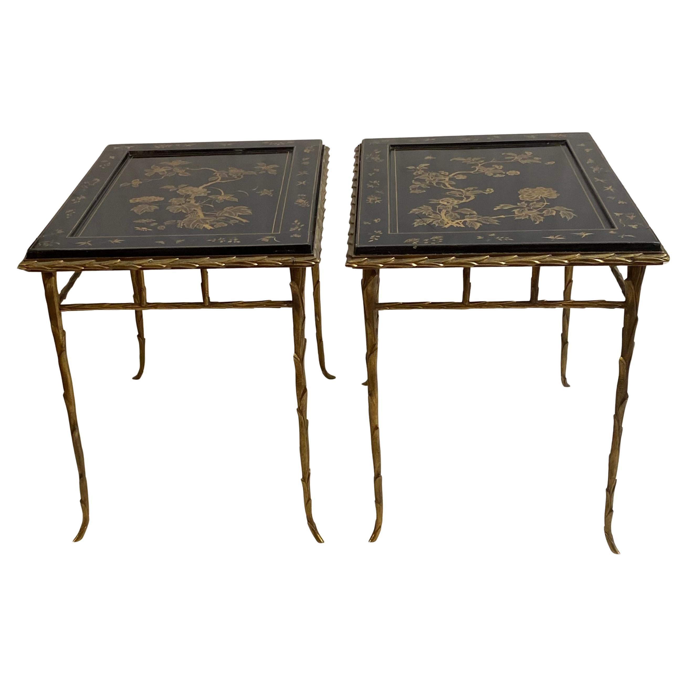 1970′ Pair of Bronze End Tables, Maison Charles , Double-Sided Chinese Lacquer For Sale