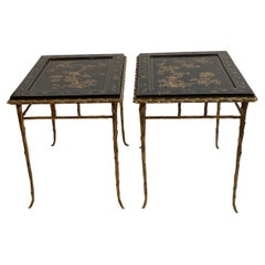 1970′ Pair of Bronze End Tables, Maison Charles , Double-Sided Chinese Lacquer
