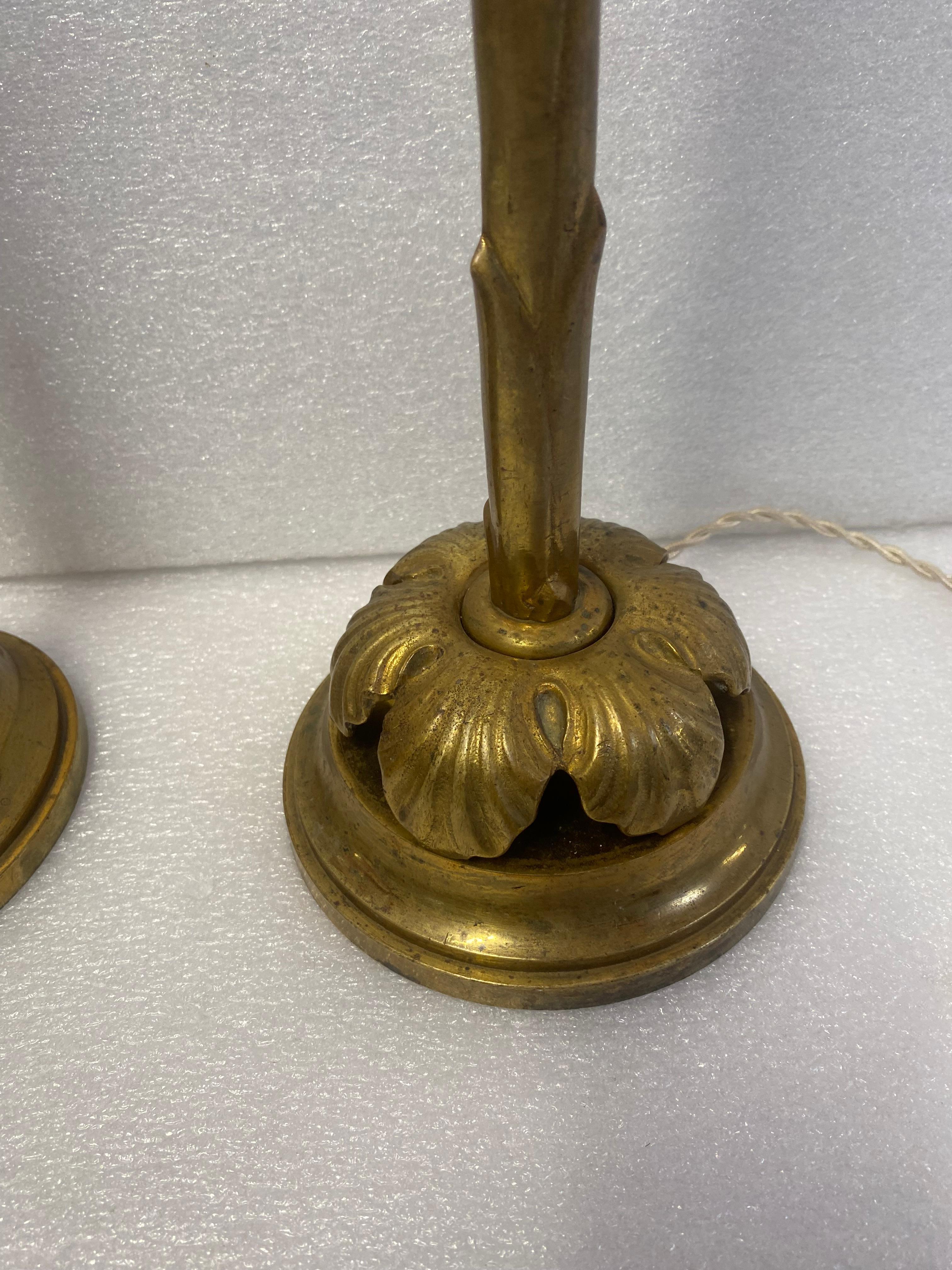 Patinated 1970′ Pair Of Bronze Lamps Maison Bagués Decor Palm Tree H 68 Ø 14 cm For Sale