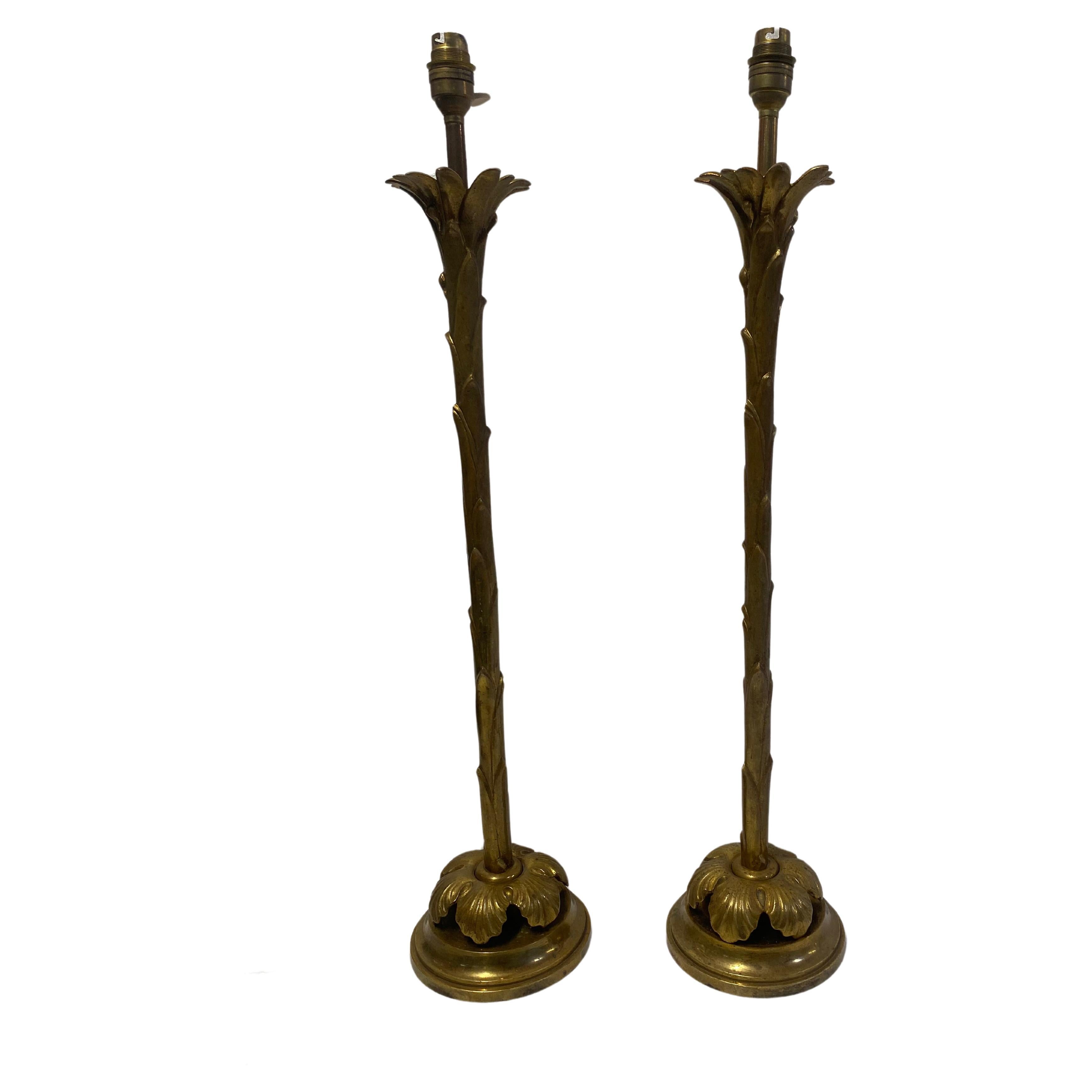 1970′ Paire de lampes en bronze Maison Bagués Decor Palmier H 68 Ø 14 cm