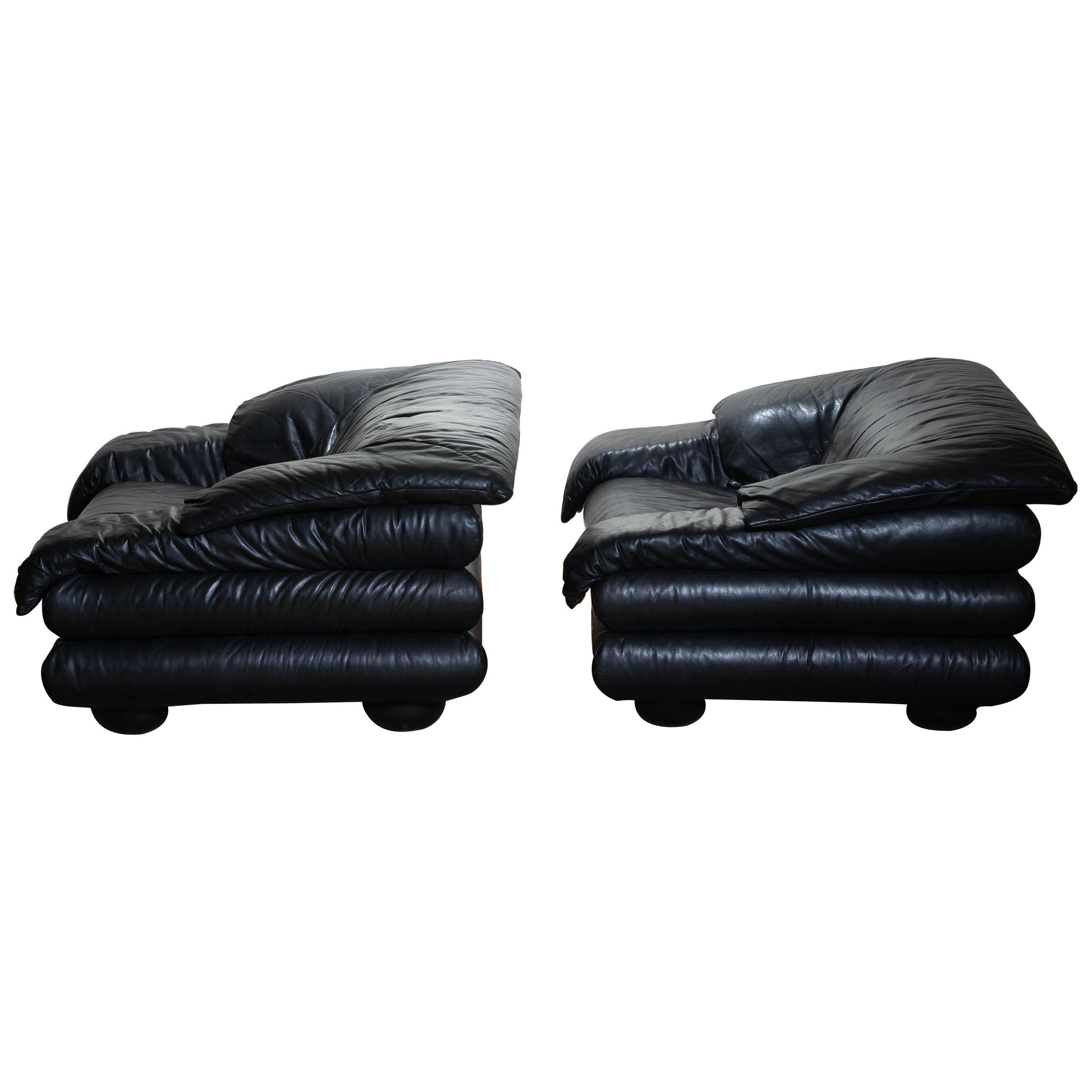 1970 Pair of Brutalist Lounge Chairs in Black Leather by Wiener Werkstatte