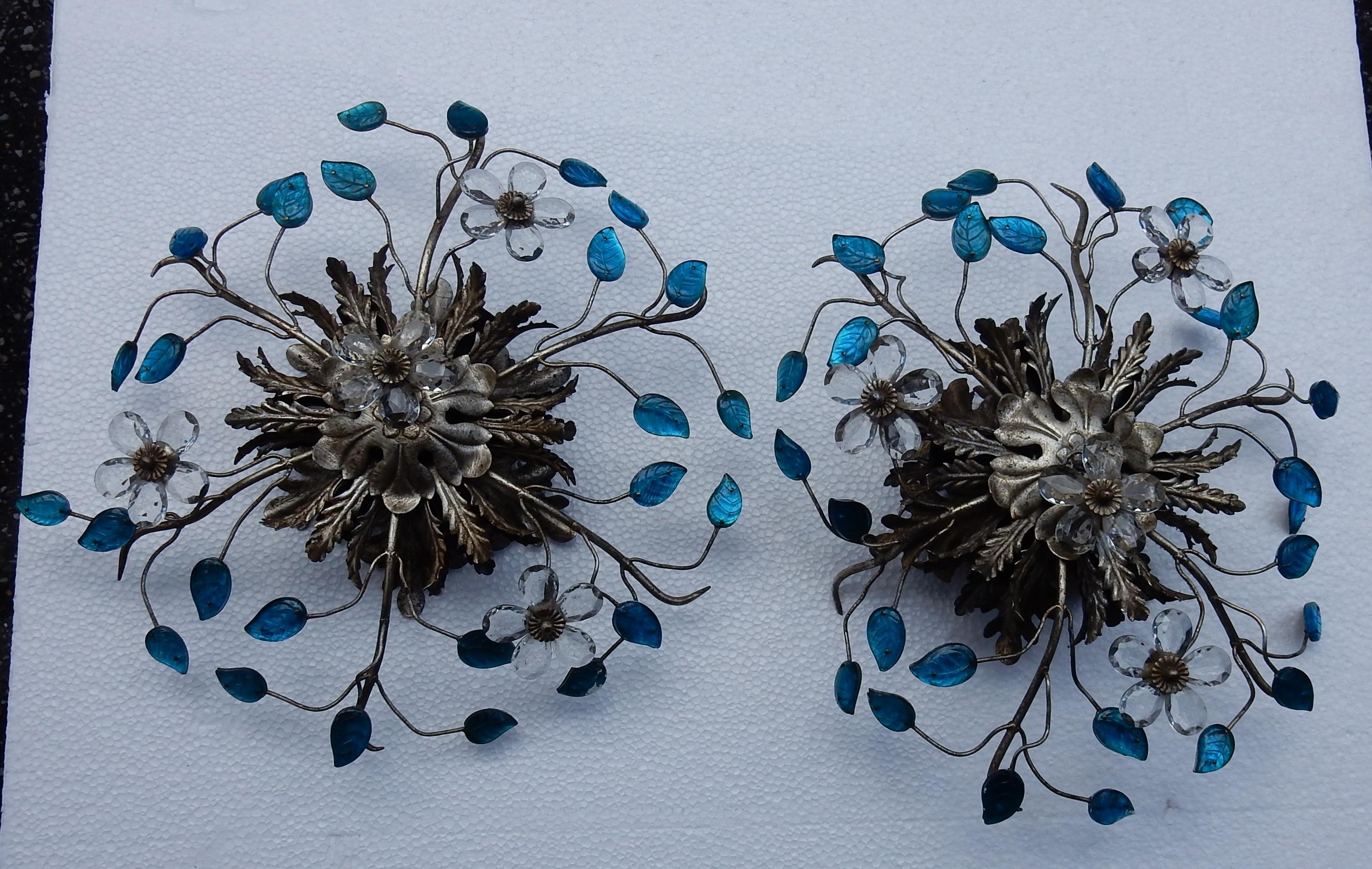 Romantic 1970 Pair of Ceiling Light or Wall Lamp with Flowers and Leaves Blue Glass For Sale