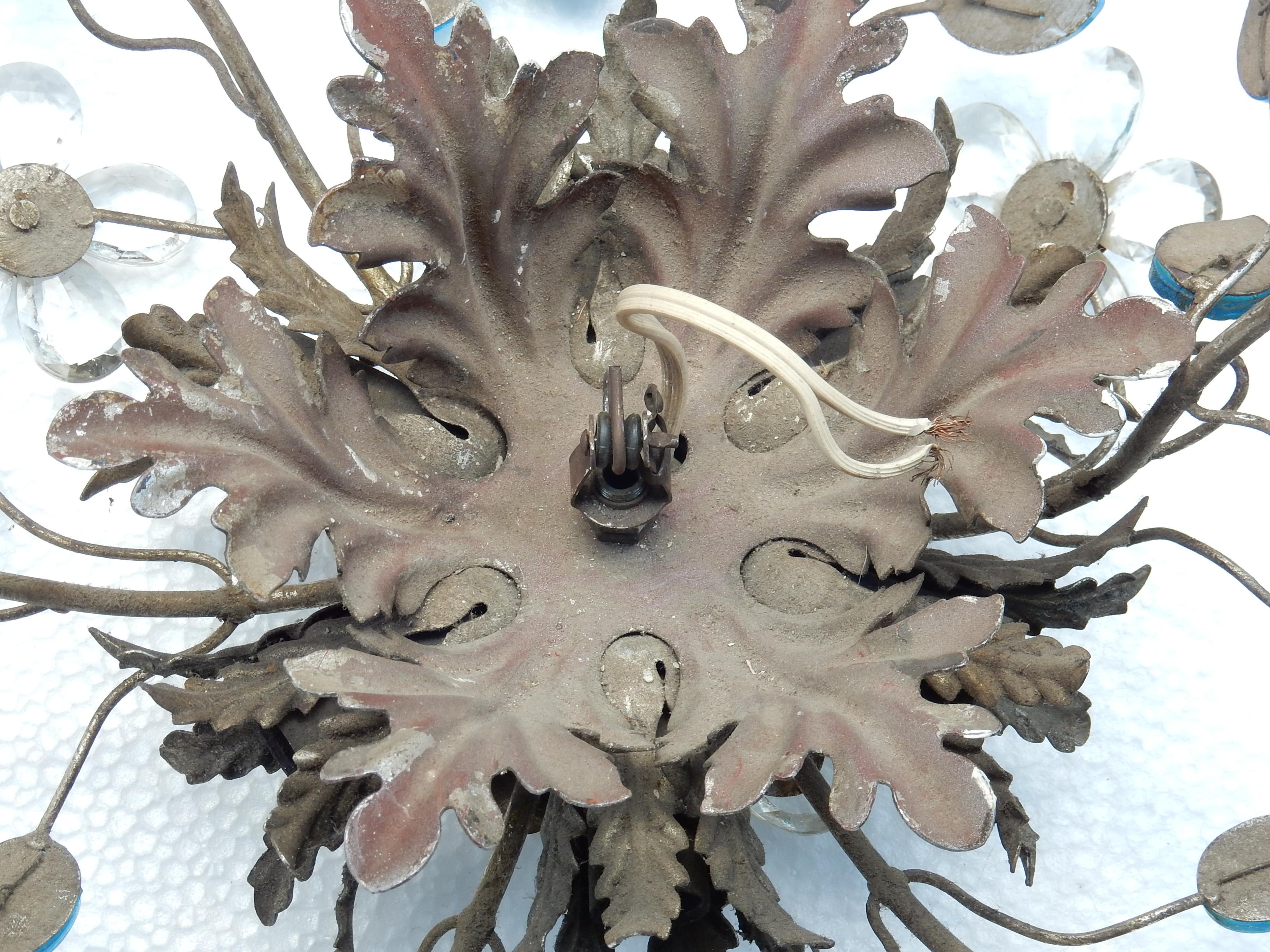 1970 Pair of Ceiling Light or Wall Lamp with Flowers and Leaves Blue Glass In Good Condition For Sale In Paris, FR