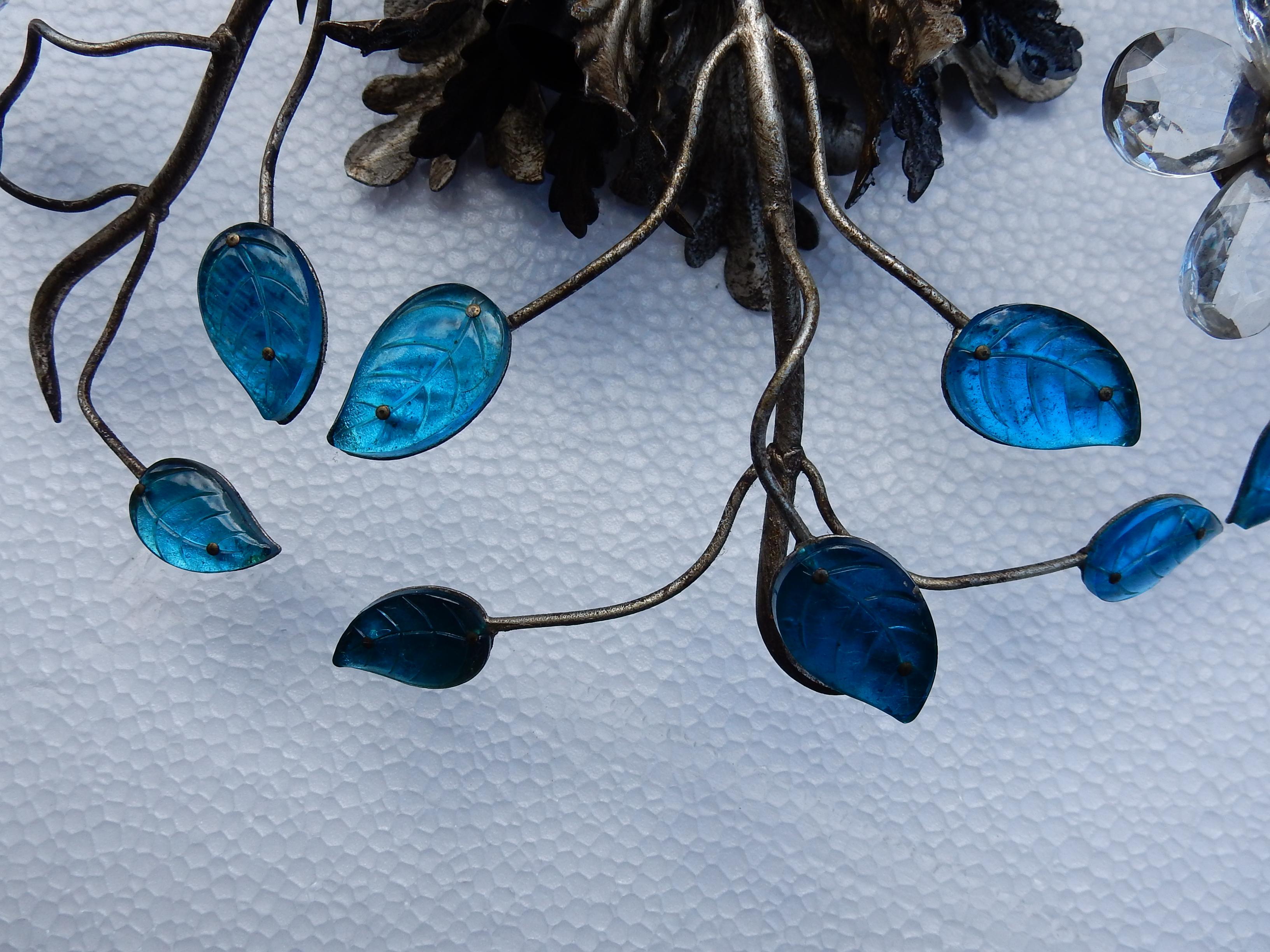 Metal 1970 Pair of Ceiling Light or Wall Lamp with Flowers and Leaves Blue Glass For Sale