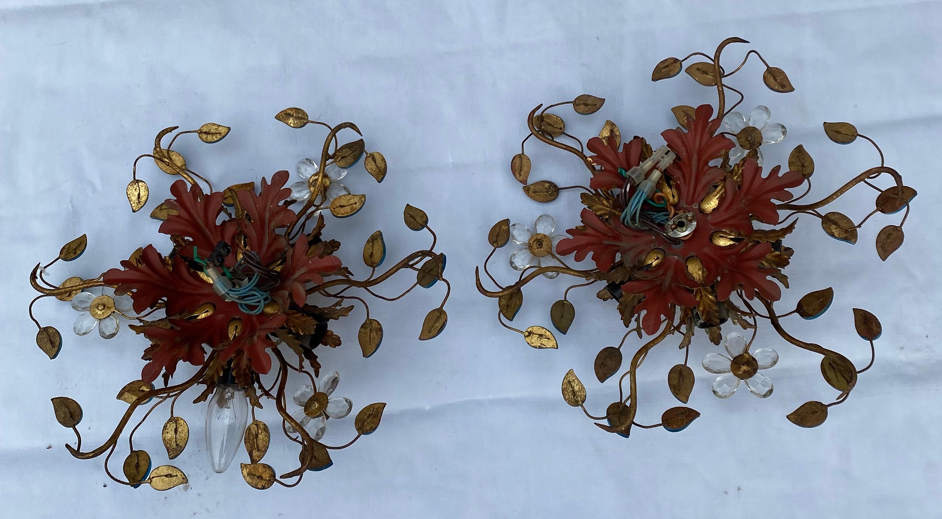 French 1970′ Pair of Ceiling Lights or Sconces with Flowers and Leaves Maison Bagués For Sale