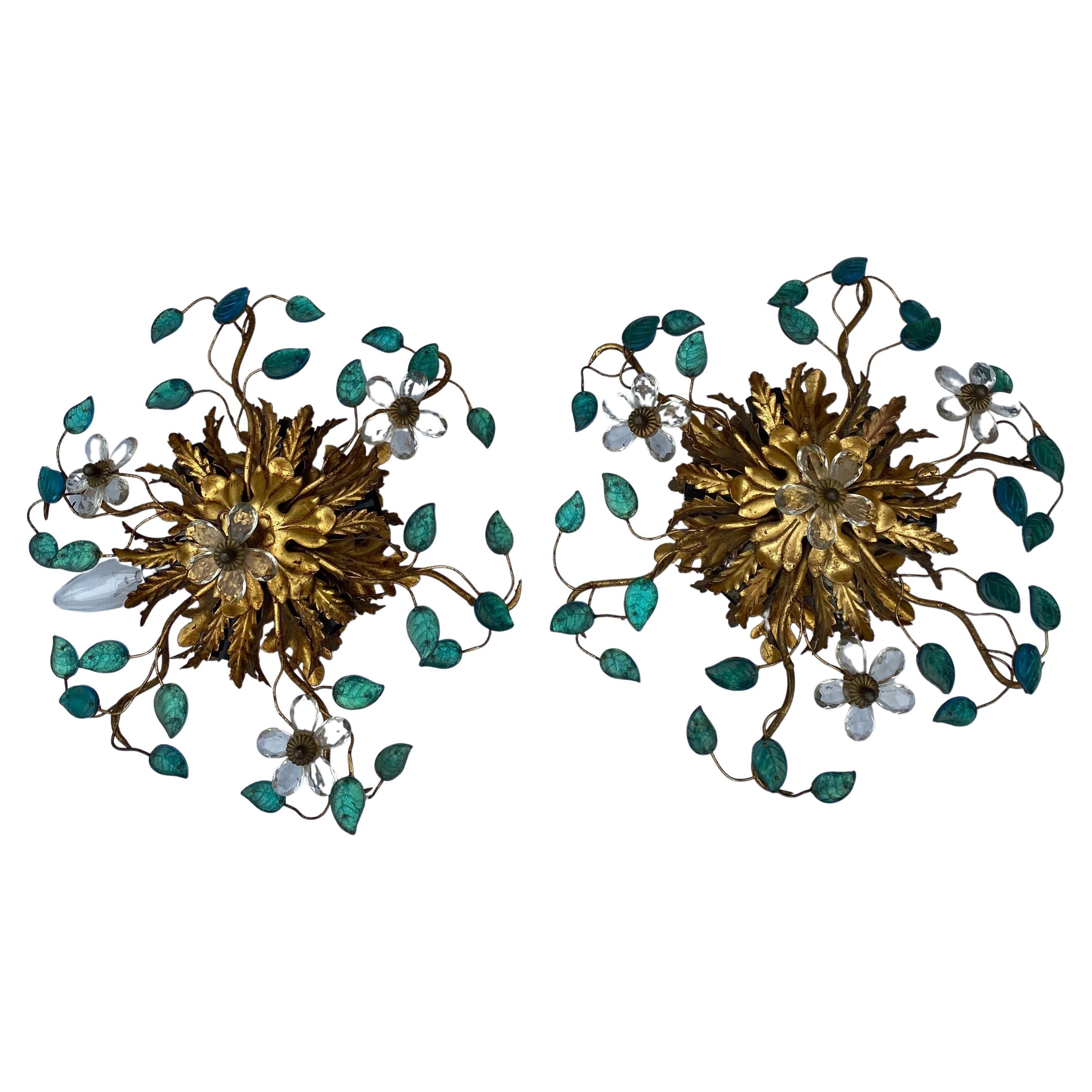 1970′ Pair of Ceiling Lights or Sconces with Flowers and Leaves Maison Bagués For Sale