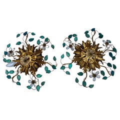 Vintage 1970′ Pair of Ceiling Lights or Sconces with Flowers and Leaves Maison Bagués