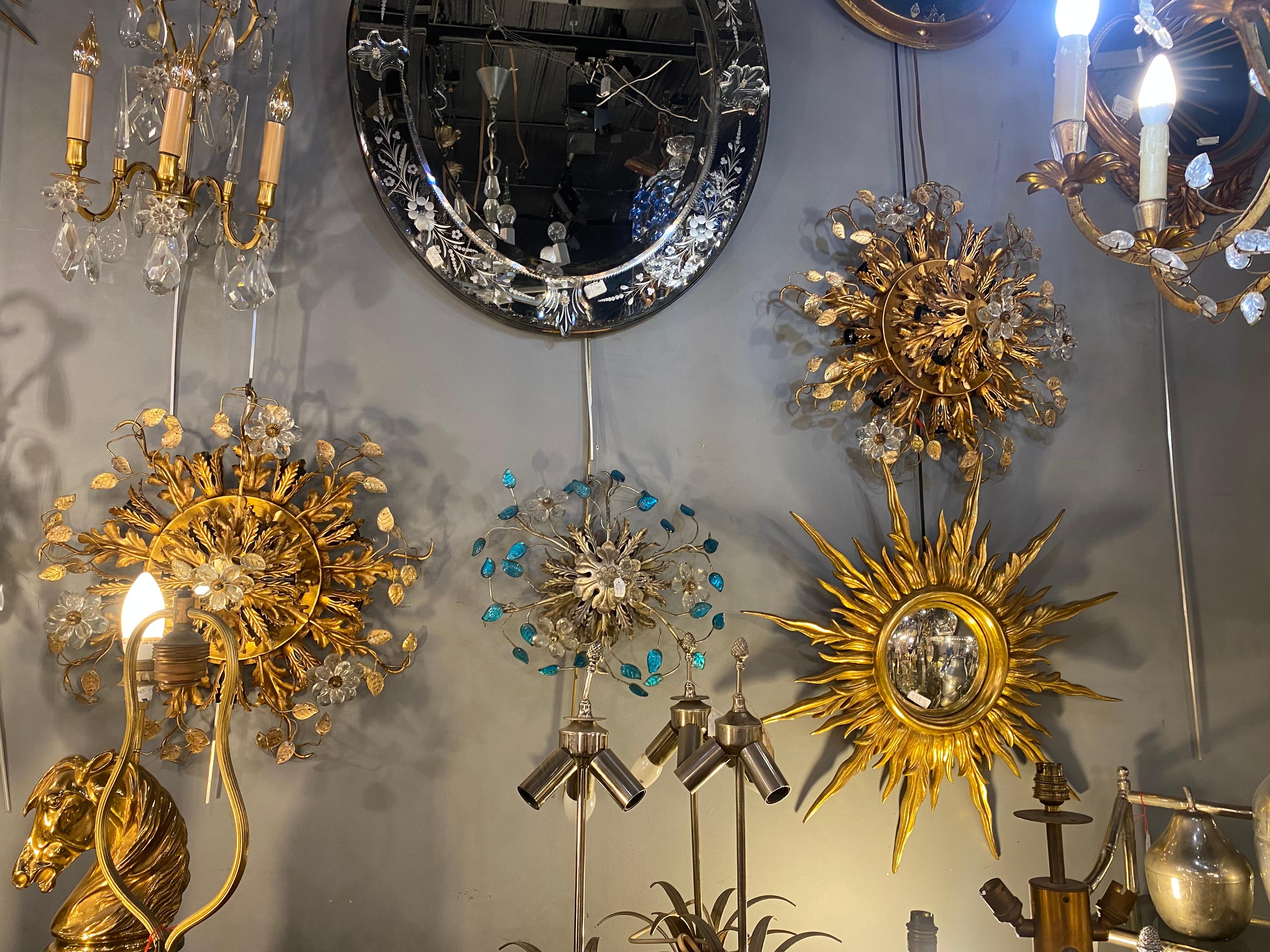 Neoclassical 1970′ Pair of  Ceiling Lights or Wall Lamps Maison Bagués Or Banci Glass leave For Sale