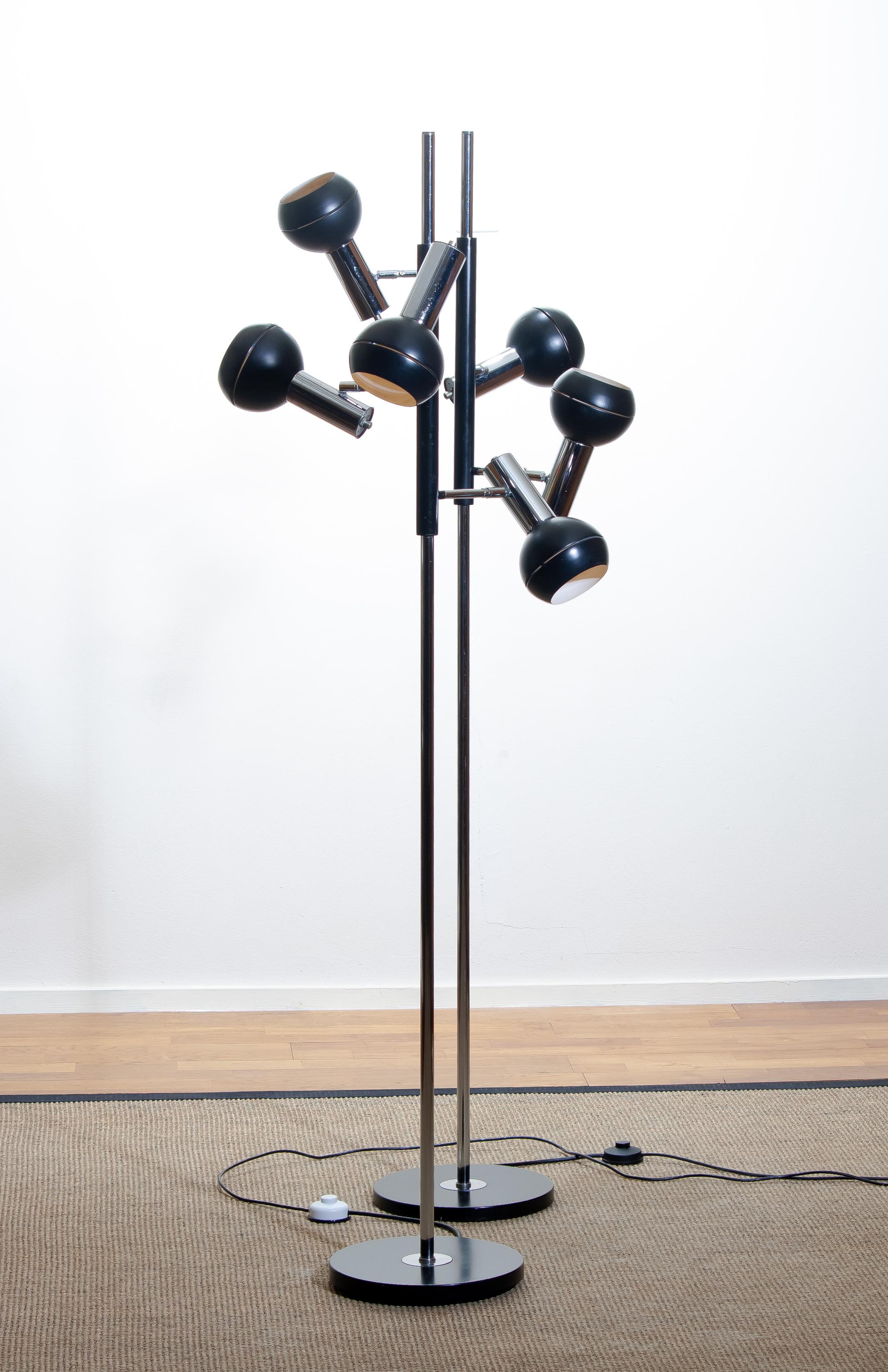 Mid-Century Modern 1970, Pair of Chrome and Black Metal Floor Lamps by Koch & Lowy OMI Germany