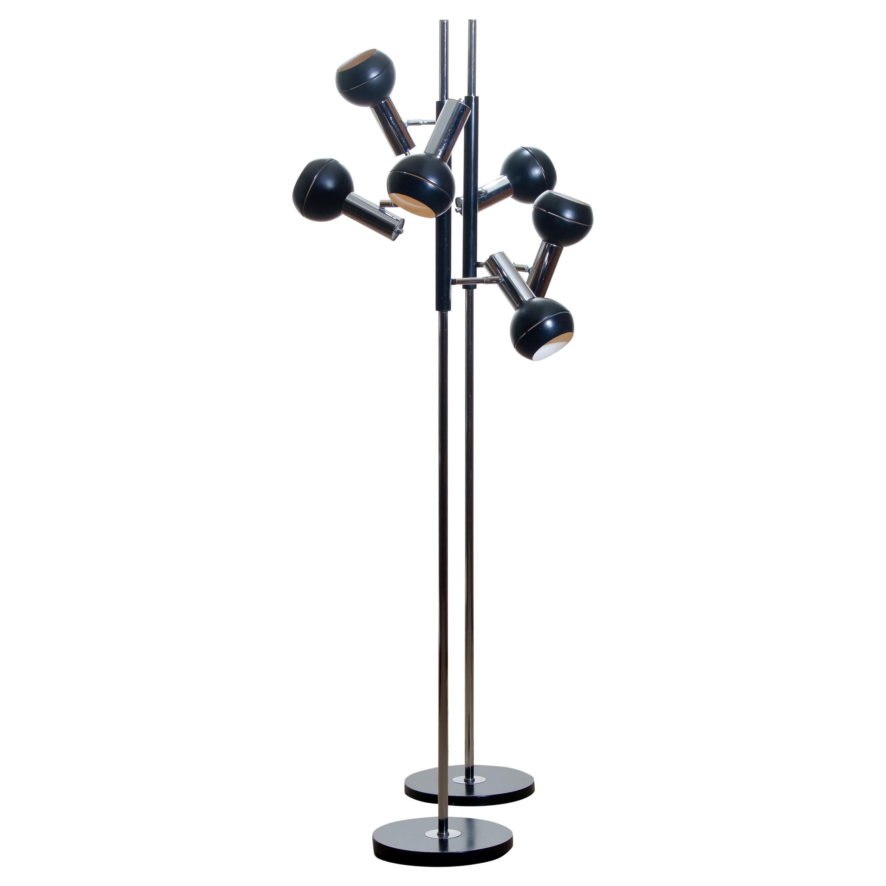 Mid-Century Modern 1970, Pair of Chrome and Black Metal Floor Lamps by Koch & Lowy OMI, Germany