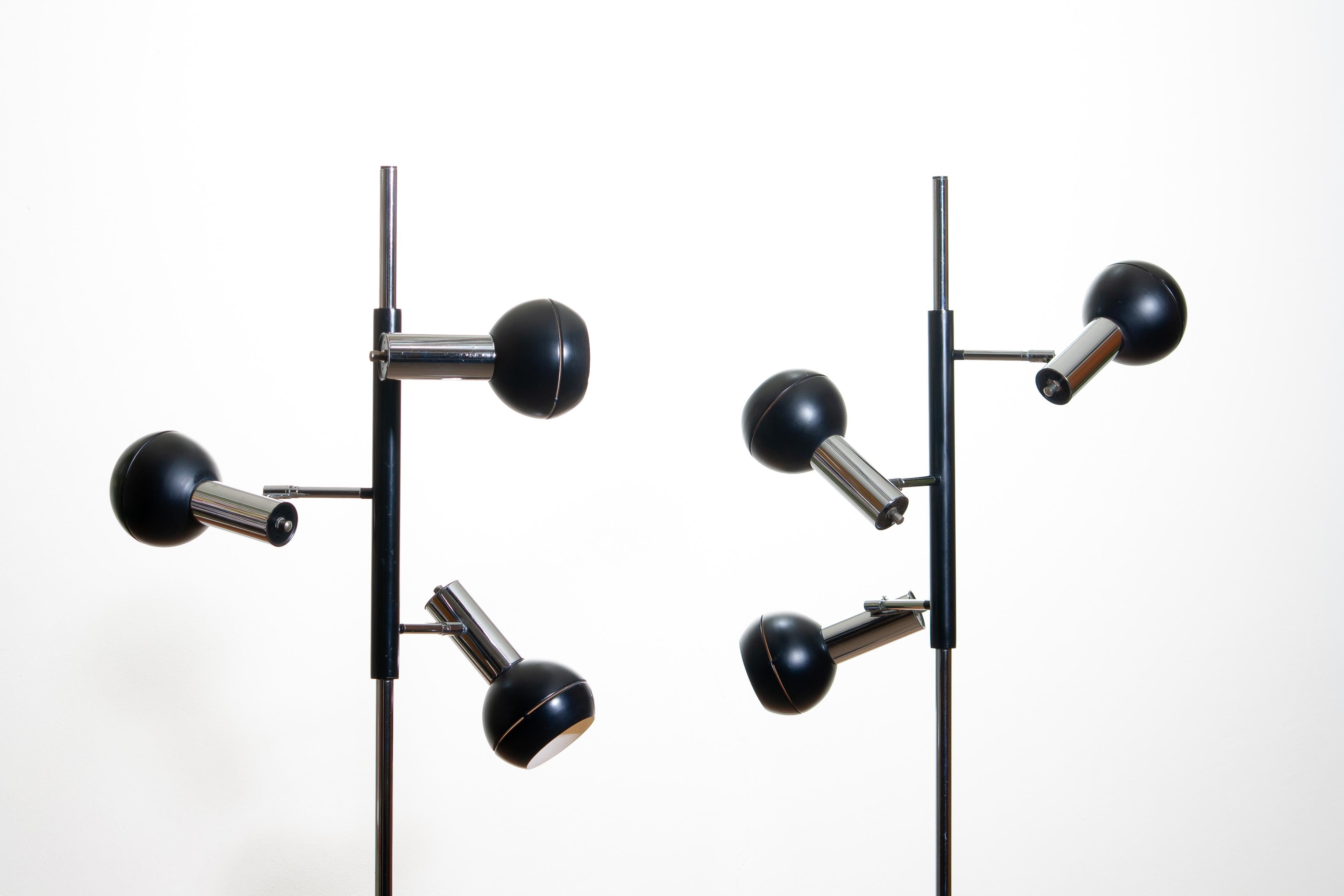 Late 20th Century 1970, Pair of Chrome and Black Metal Floor Lamps by Koch & Lowy OMI Germany