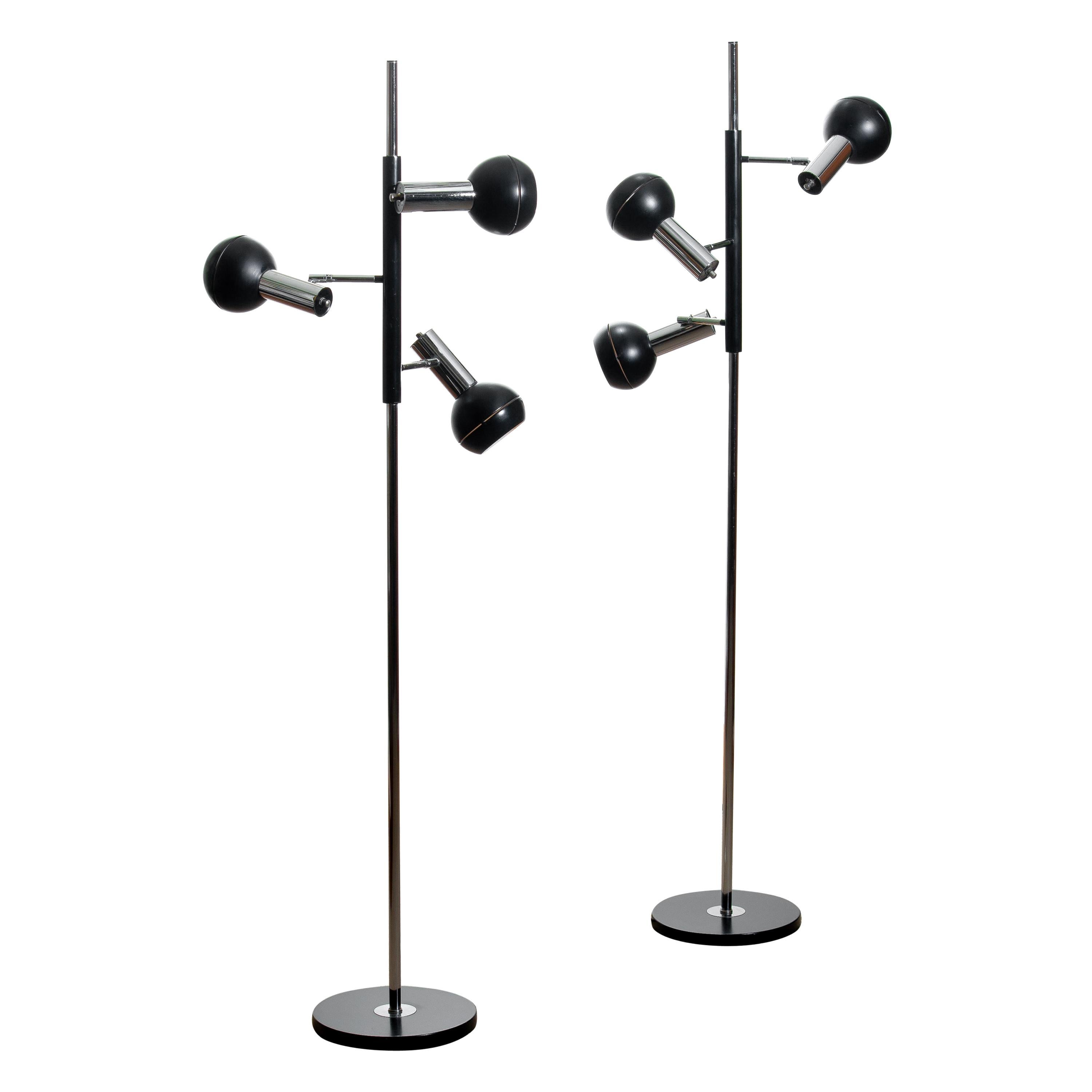 1970, Pair of Chrome and Black Metal Floor Lamps by Koch & Lowy OMI Germany