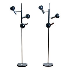 1970, Pair of Chrome and Black Metal Floor Lamps by Koch & Lowy OMI, Germany