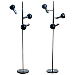 1970, Pair of Chrome and Black Metal Floor Lamps by Koch & Lowy OMI, Germany