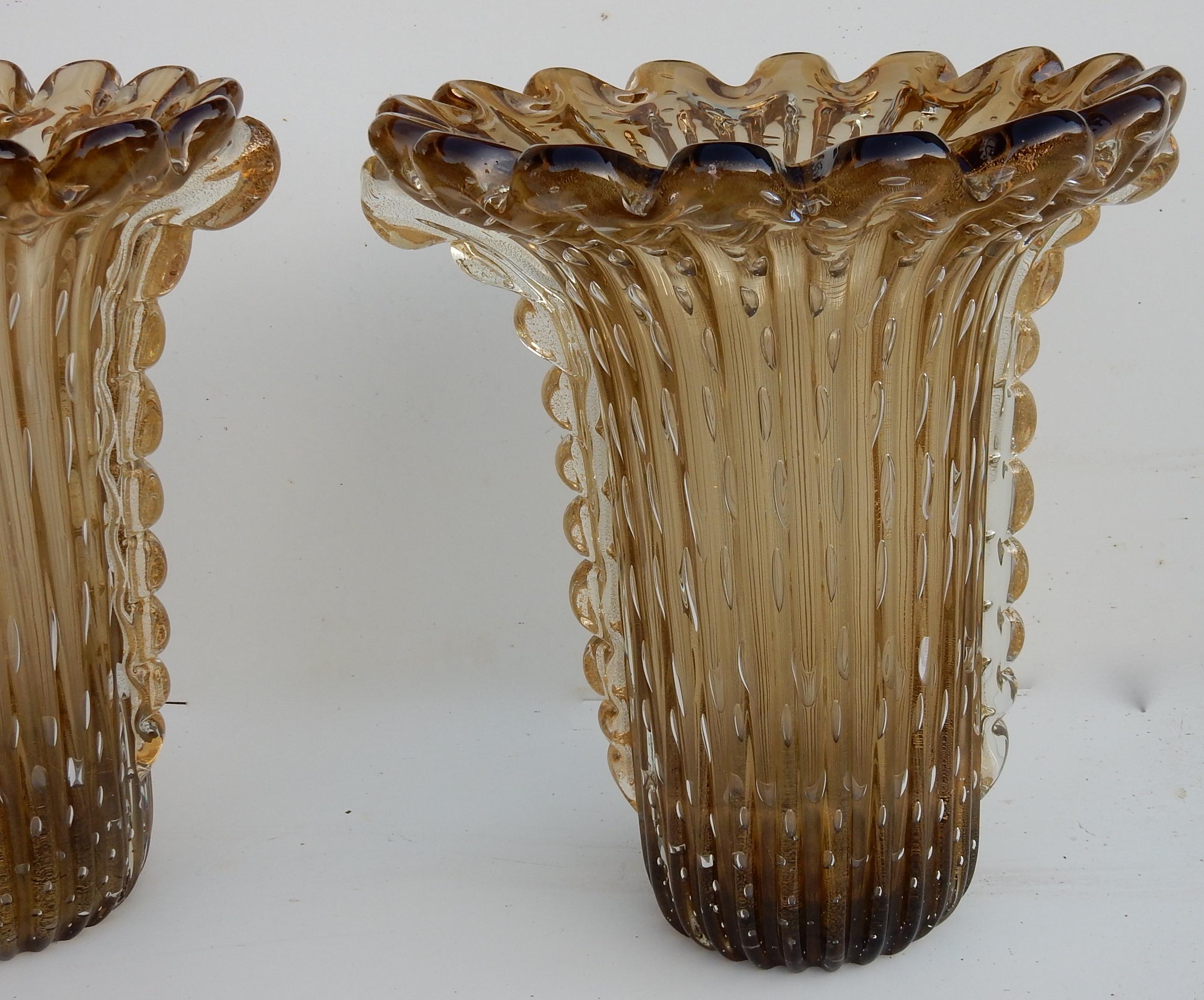 Italian 1970 Pair of Cristal Murano Amber Vases and Gilded Signed Toso Murano