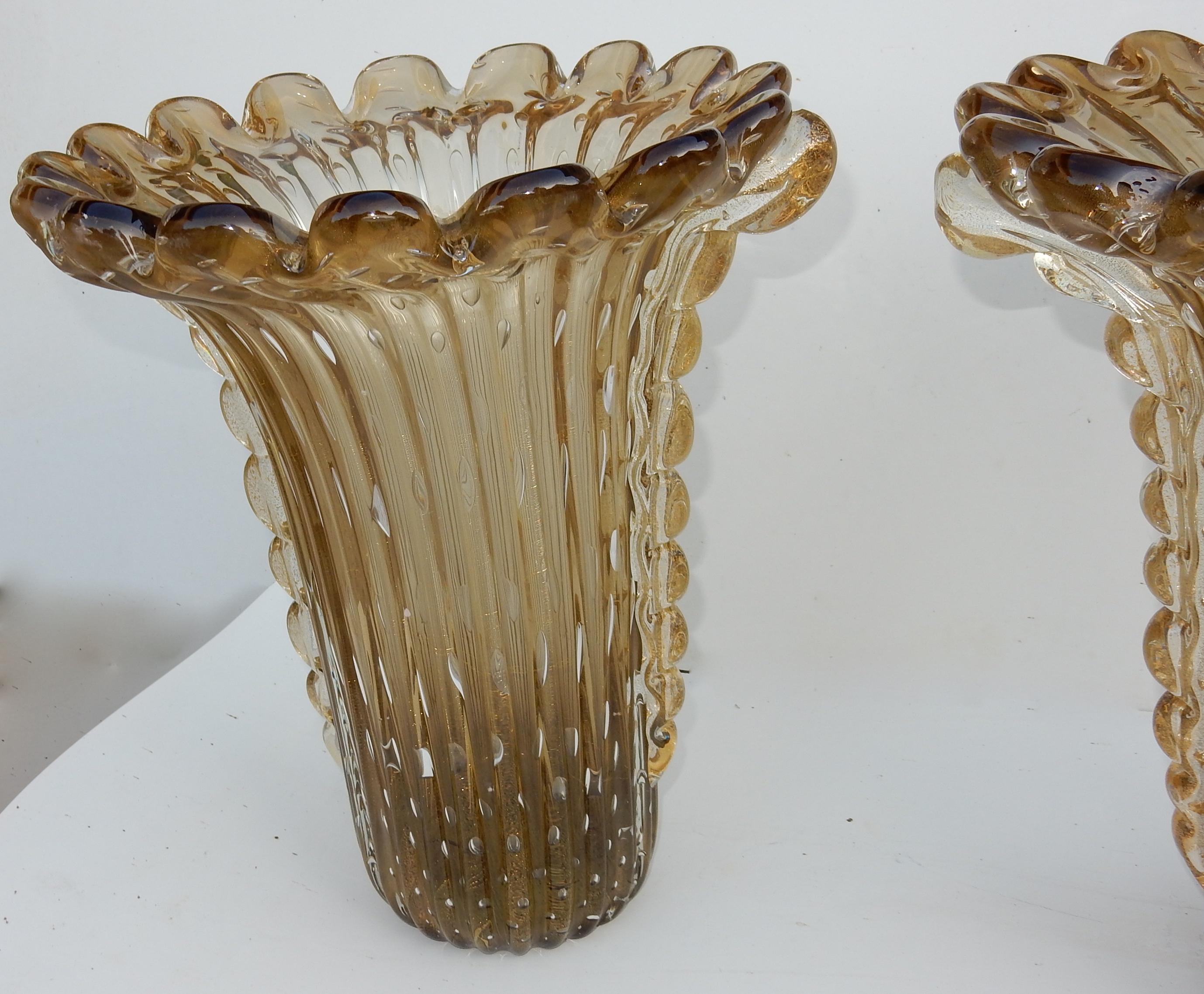 Late 20th Century 1970 Pair of Cristal Murano Amber Vases and Gilded Signed Toso Murano